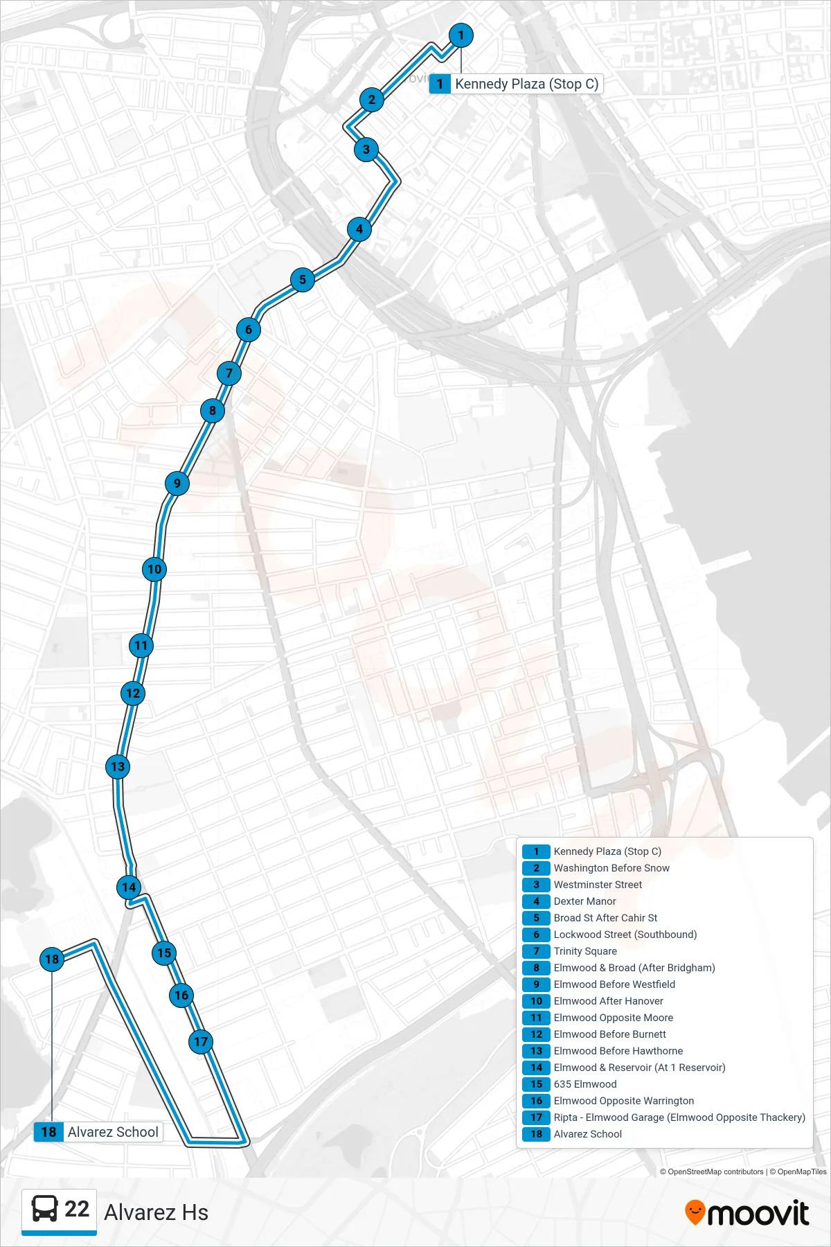 22 bus Line (Alvarez Hs) route and stops on a map