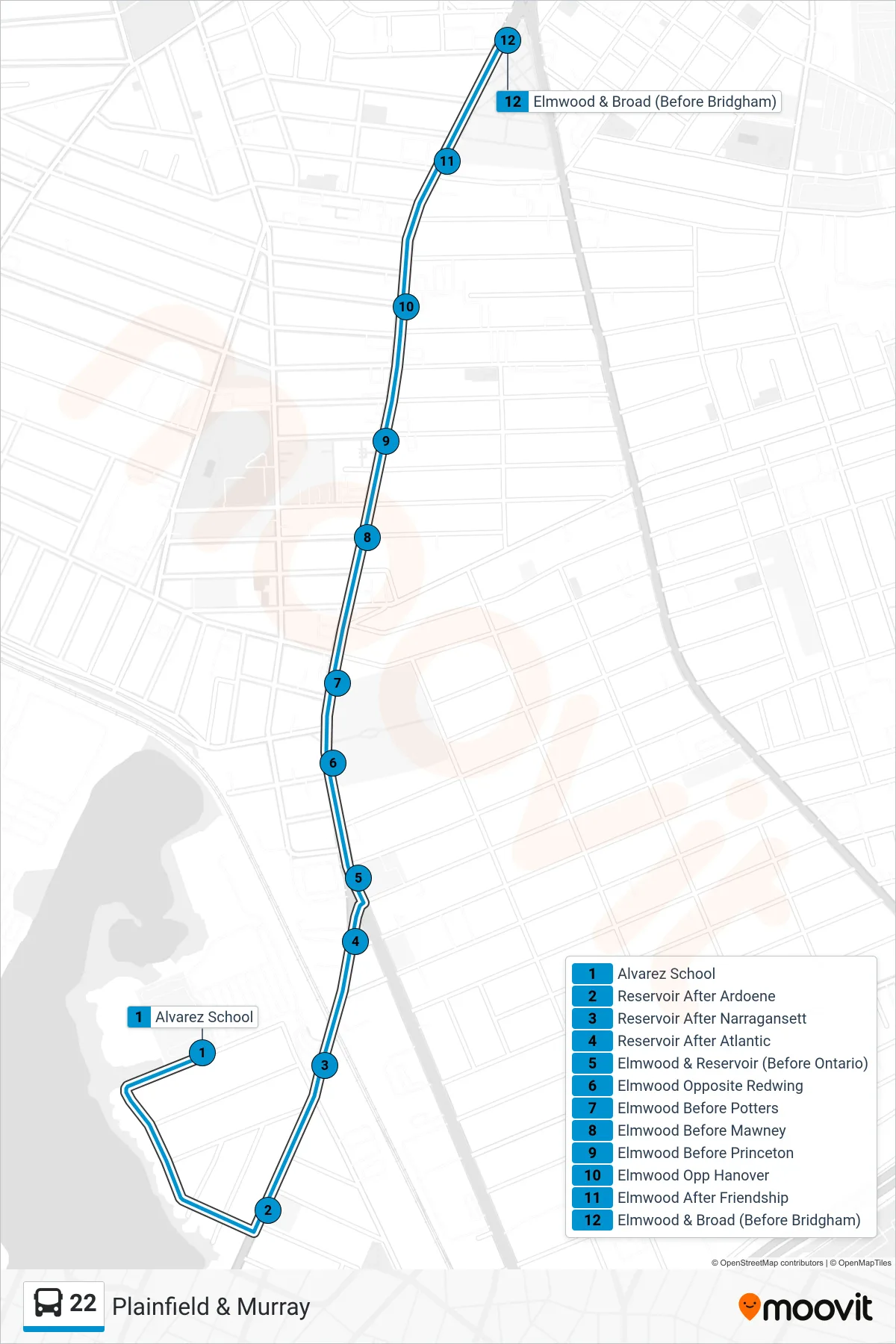 22 bus Line (Plainfield & Murray) route and stops on a map