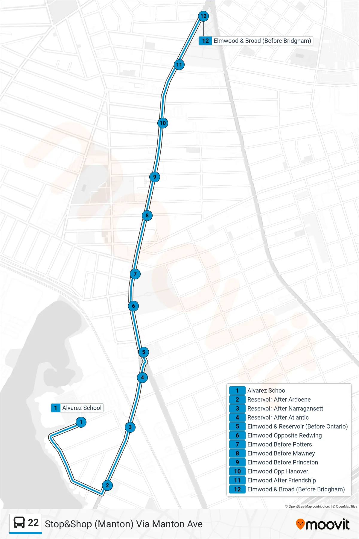 22 bus Line (Stop&Shop (Manton) Via Manton Ave) route and stops on a map