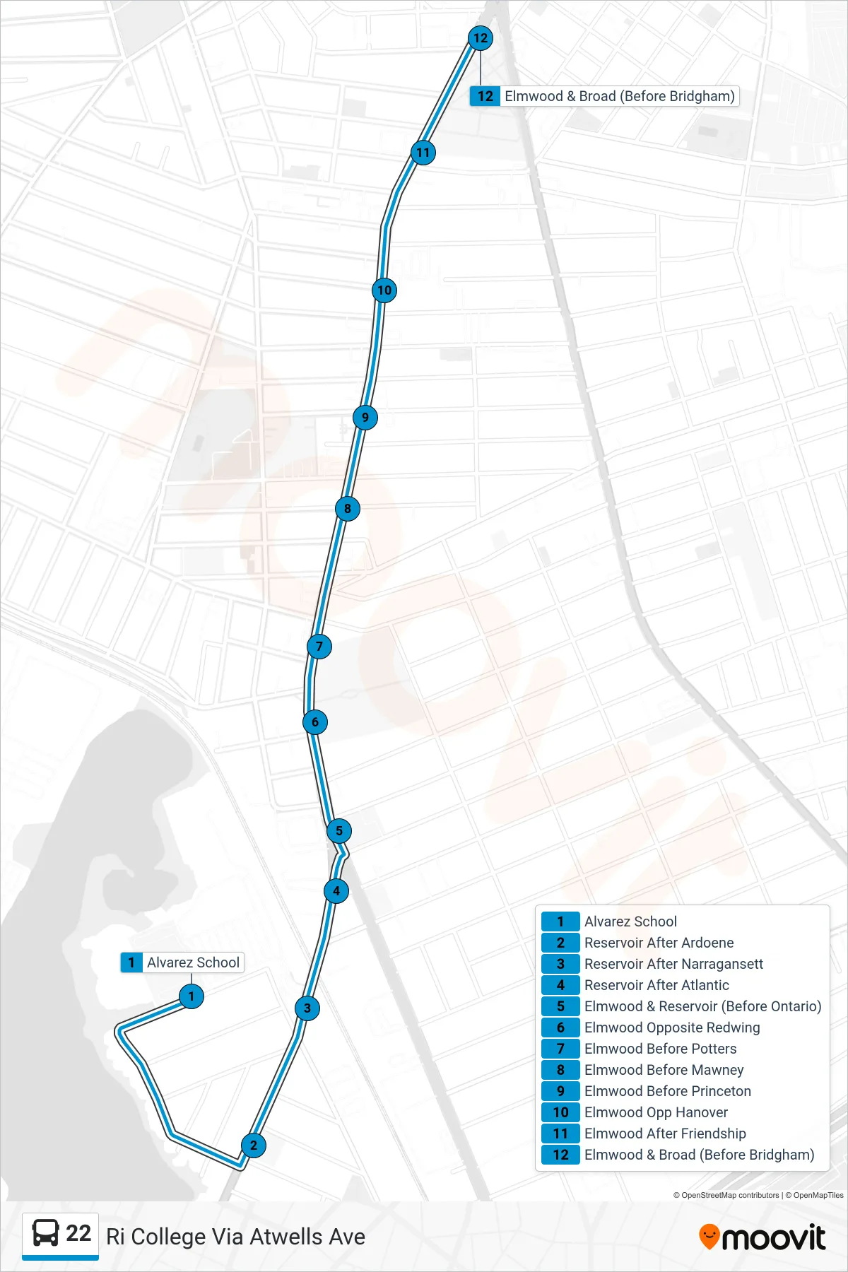 22 bus Line (Ri College Via Atwells Ave) route and stops on a map
