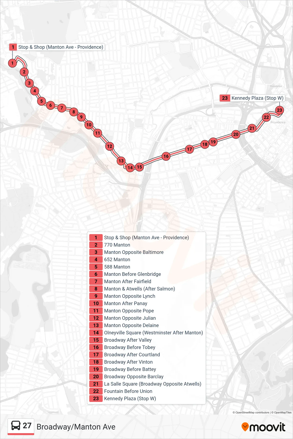 27 bus Line (Kennedy Plaza Then Hope Hs) route and stops on a map