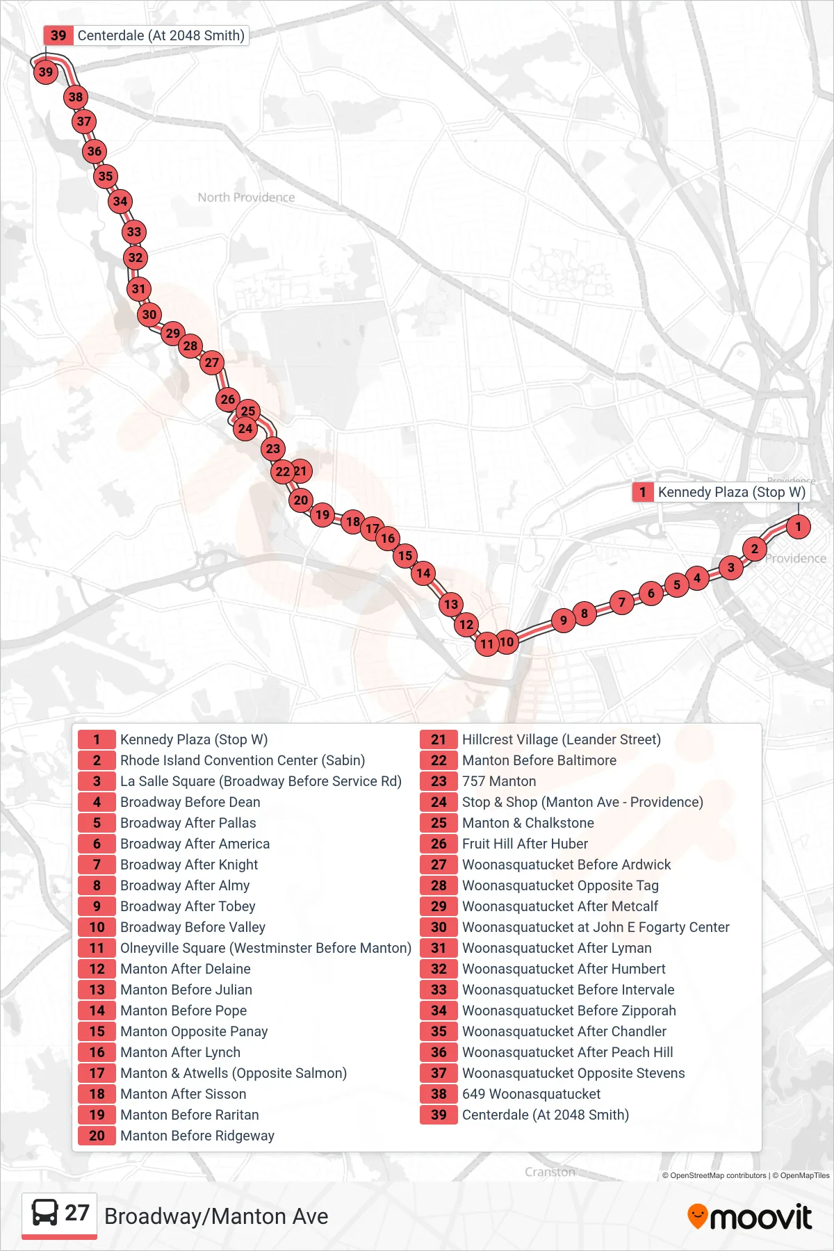 27 bus Line (Centerdale Via Woonasquatucket Ave) route and stops on a map