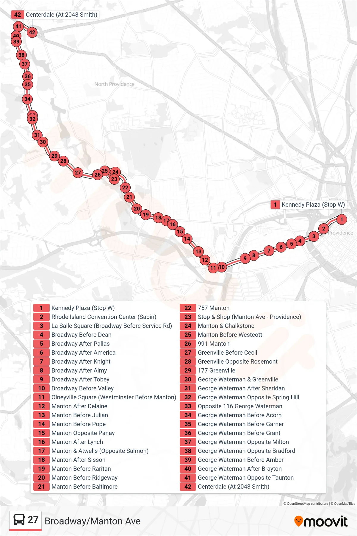 27 bus Line (Centerdale Via George Waterman Rd) route and stops on a map