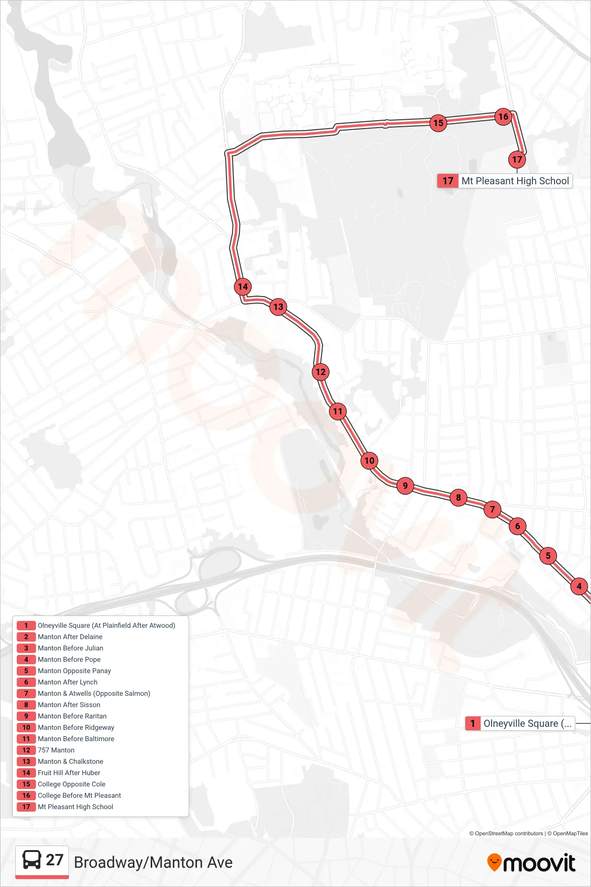 27 bus Line (Mt Pleasant Hs) route and stops on a map