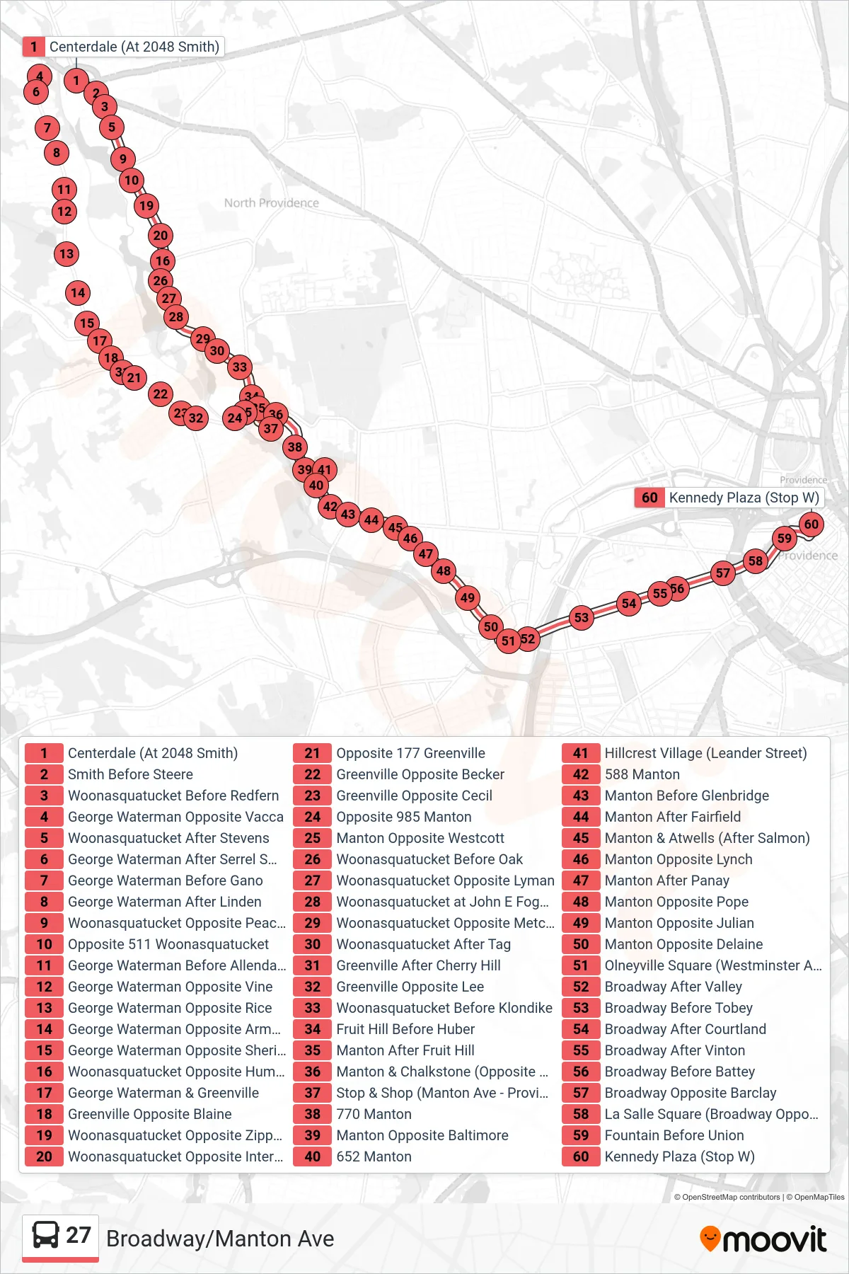 27 bus Line (Kennedy Plaza) route and stops on a map