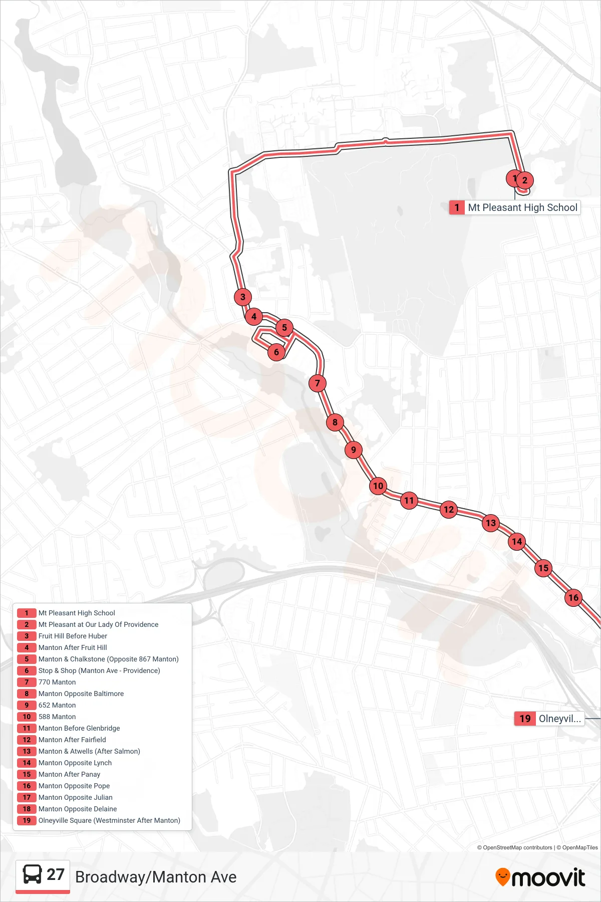 27 bus Line (Olneyville Sq Then Hartford & Killingly) route and stops on a map