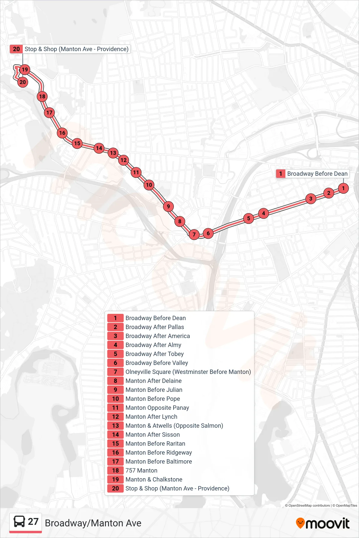 27 bus Line (Stop&Shop (Manton) Via Manton Ave) route and stops on a map