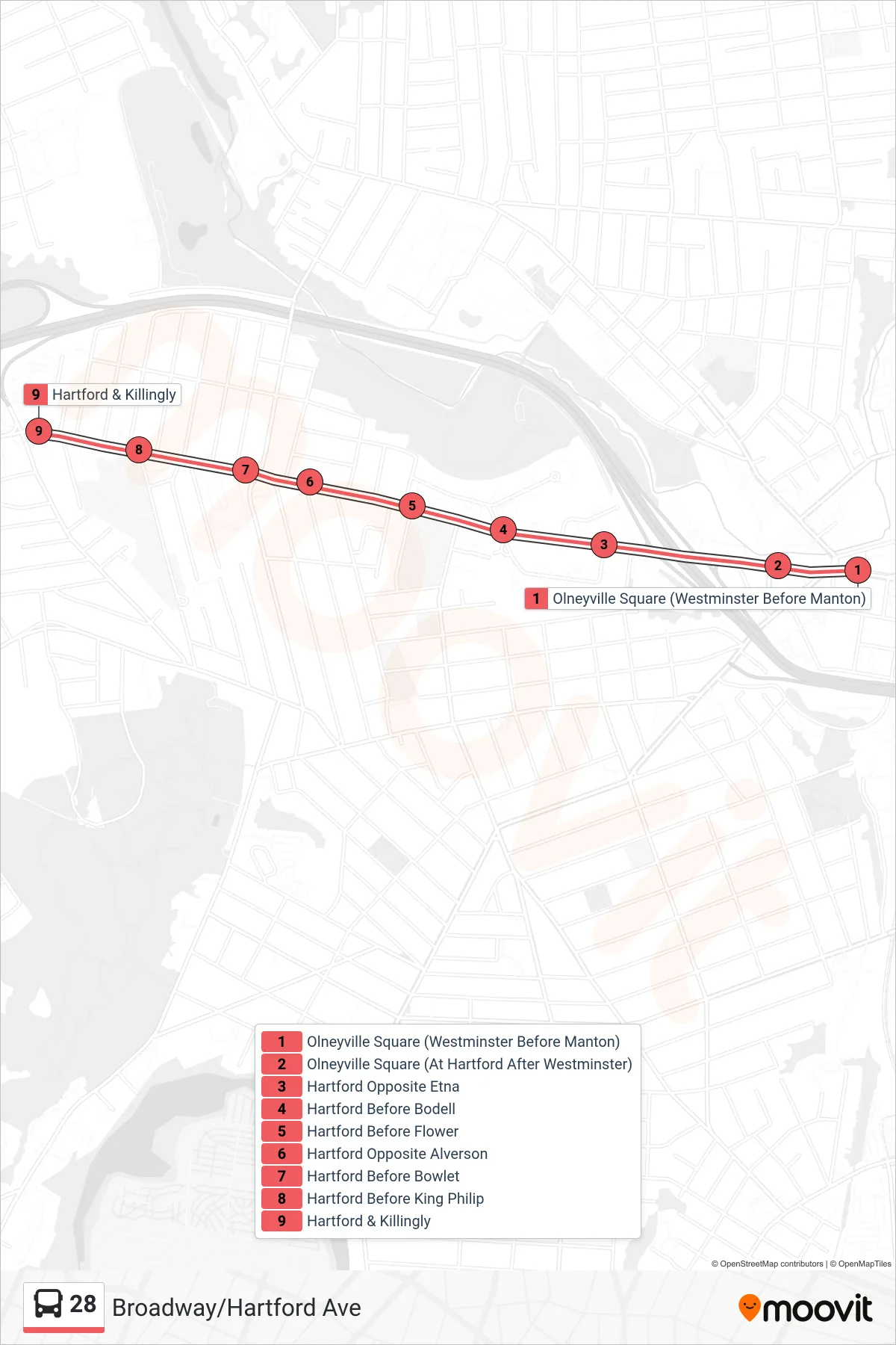 28 bus Line (Hartford & Killingly) route and stops on a map