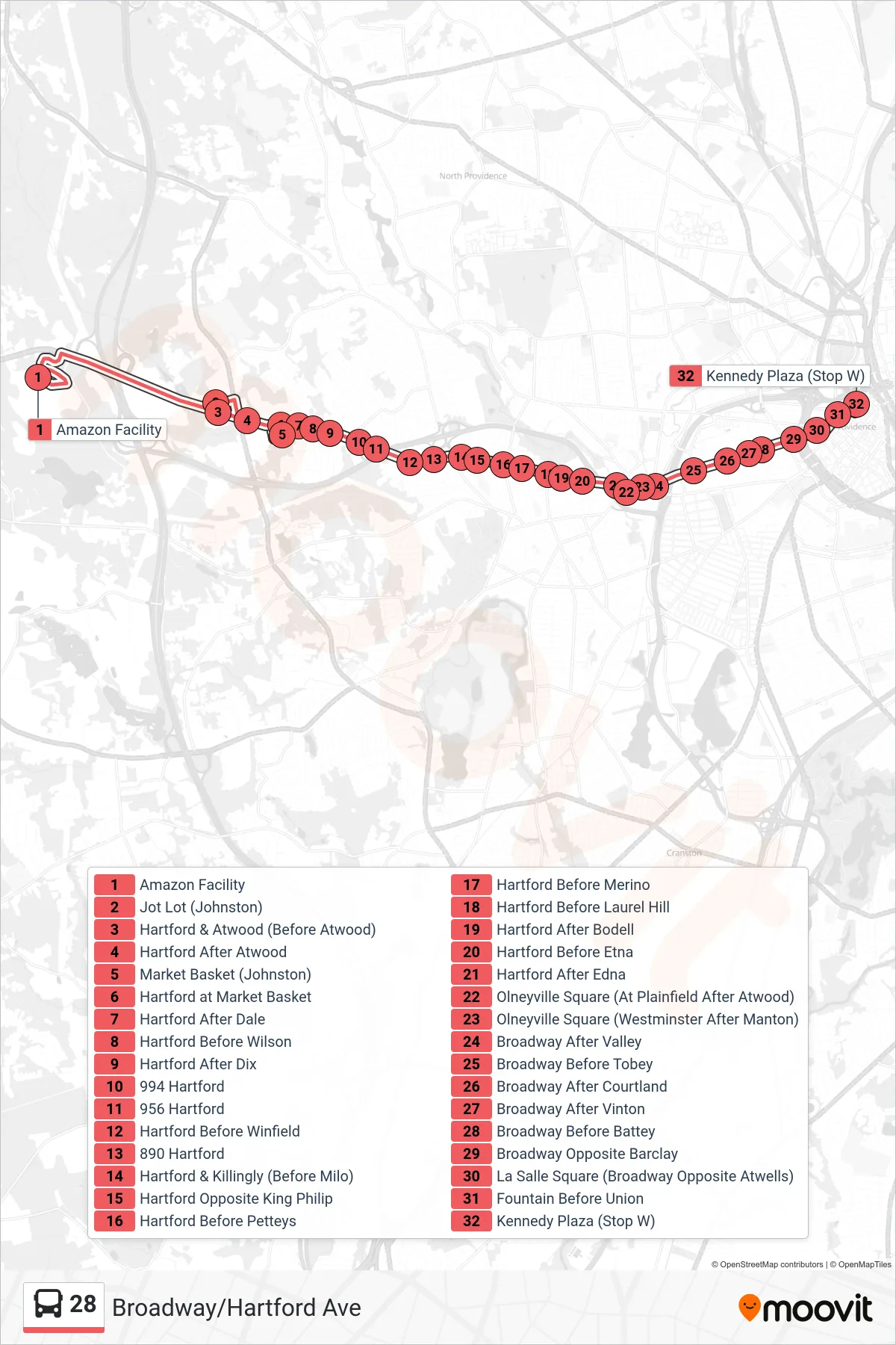 28 bus Line (Kennedy Plaza) route and stops on a map