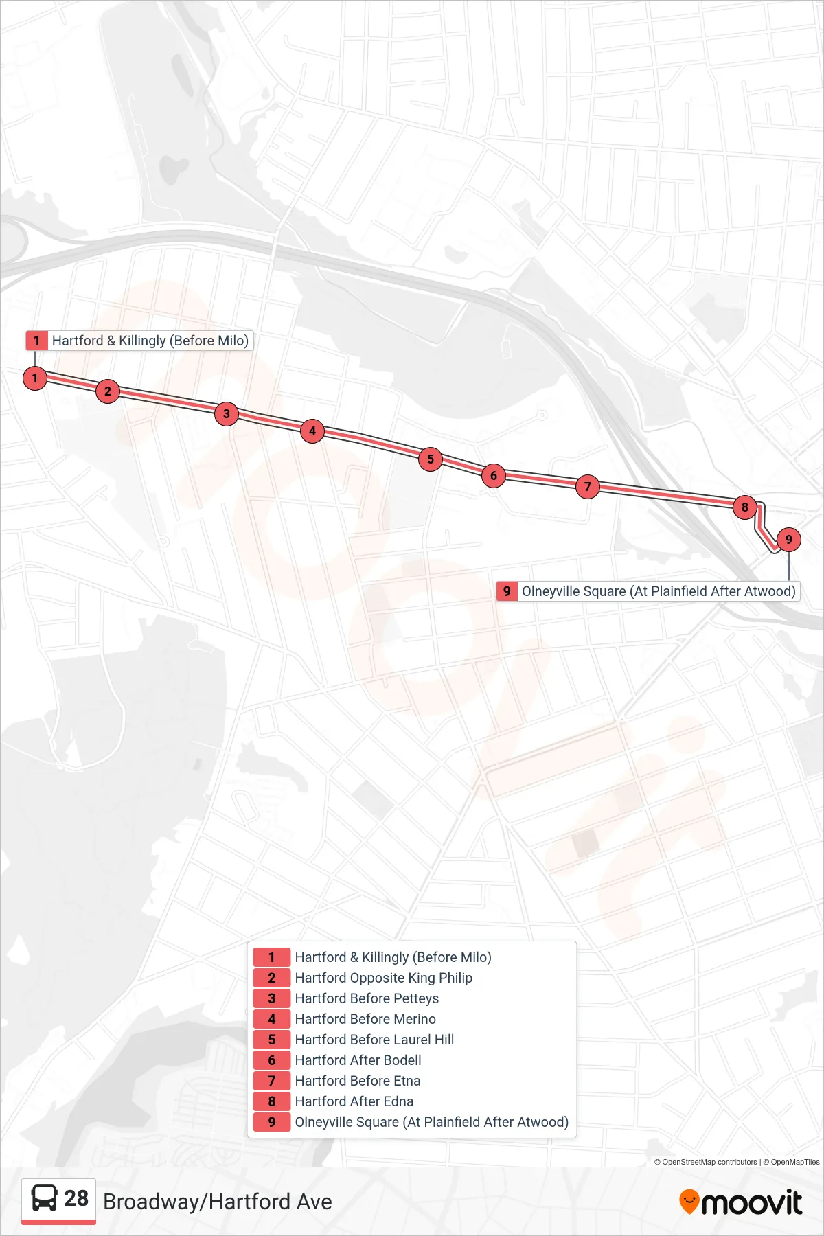 28 bus Line (Olneyville Sq Then Mt Pleasant Hs) route and stops on a map