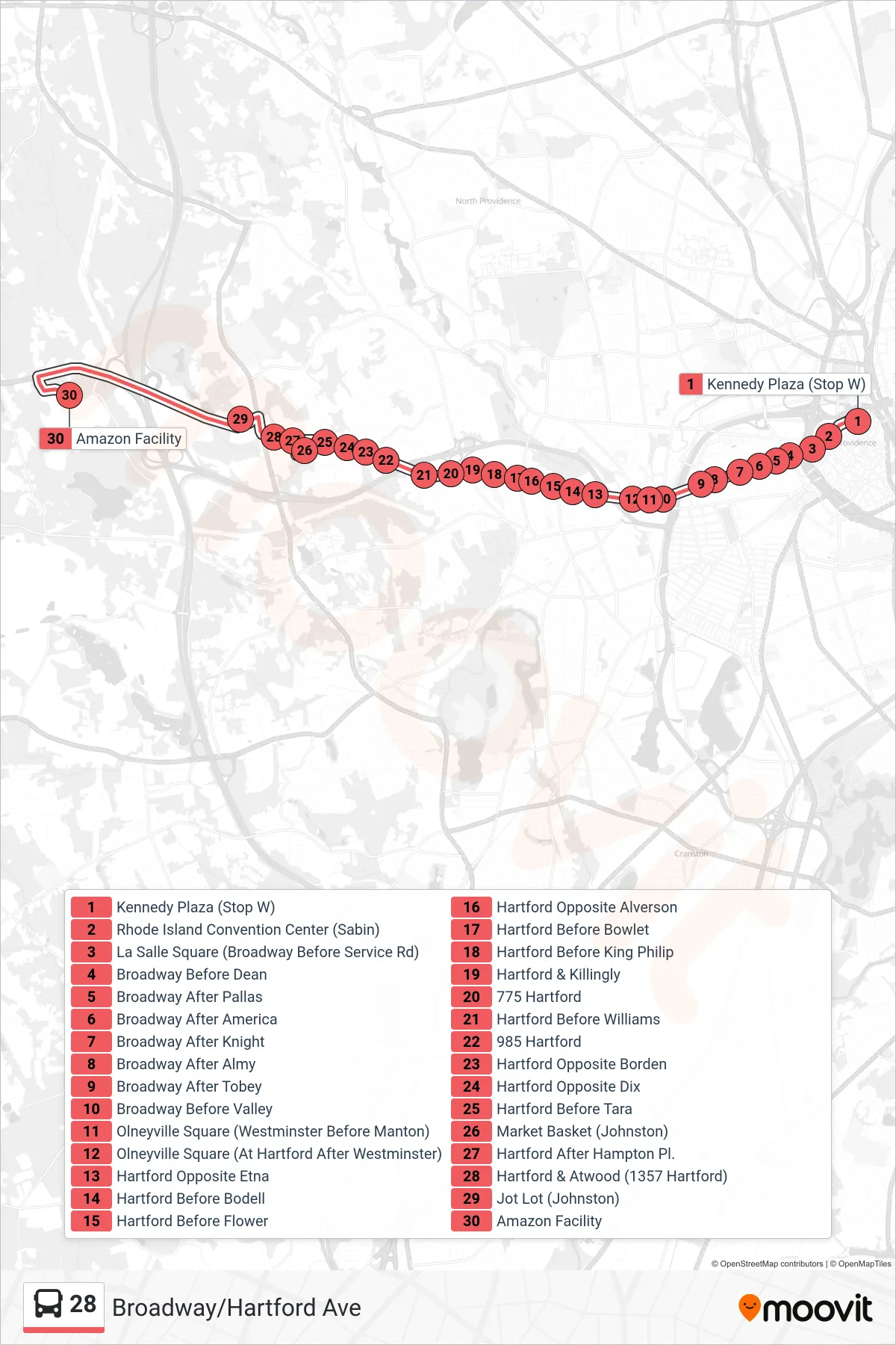 28 bus Line (Amazon Fulfillment Center (Johnston)) route and stops on a map