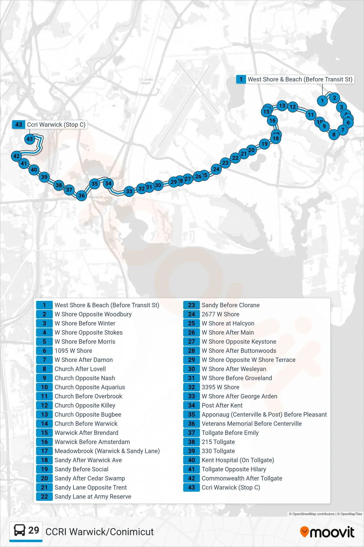 29 bus Line (Ccri Warwick) route and stops on a map