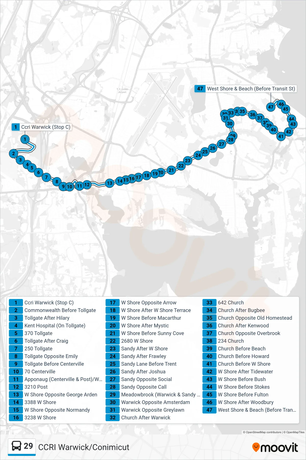 29 bus Line (Conimicut) route and stops on a map