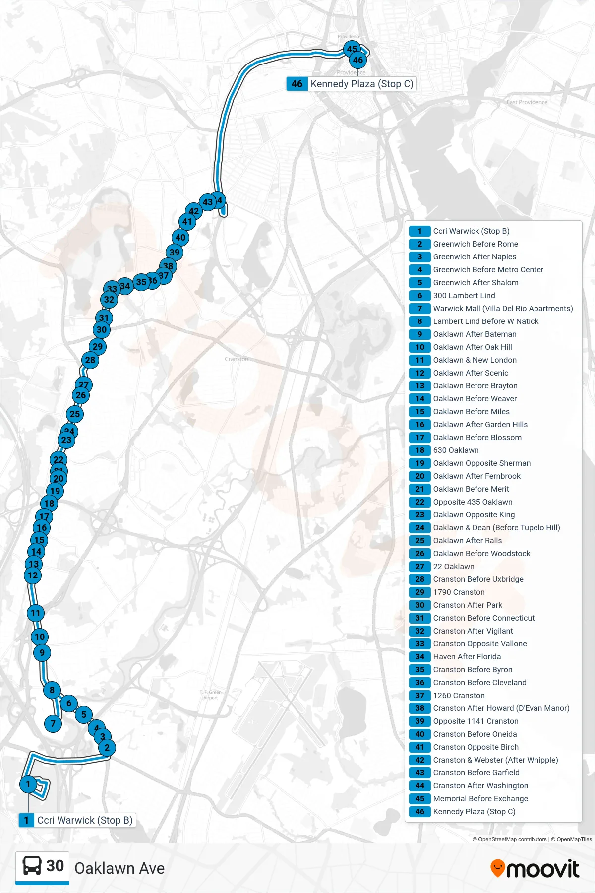 30 bus Line (Kennedy Plaza Via Oaklawn Ave) route and stops on a map