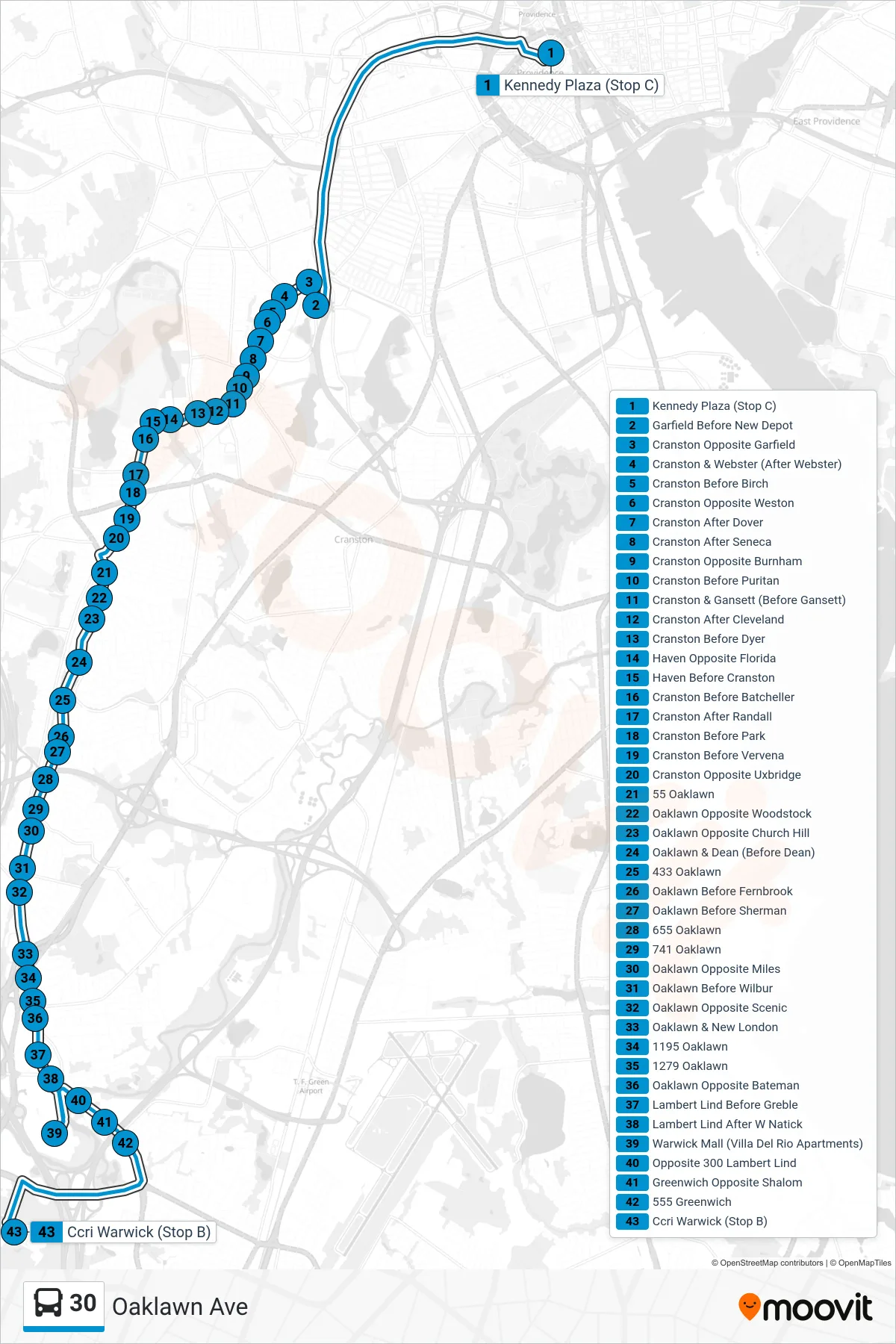 30 bus Line (Ccri Warwick Via Oaklawn Ave) route and stops on a map