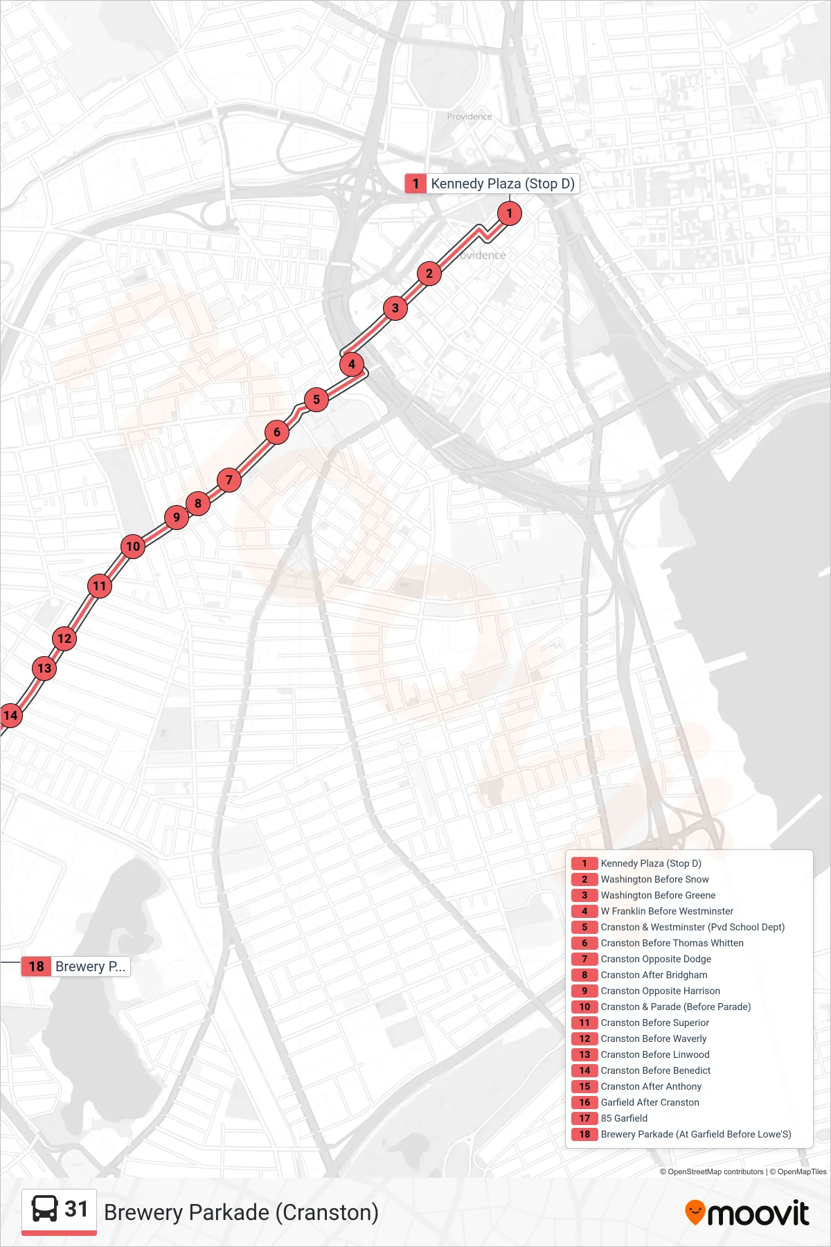 31 bus Line (Brewery Parkade (Cranston)) route and stops on a map