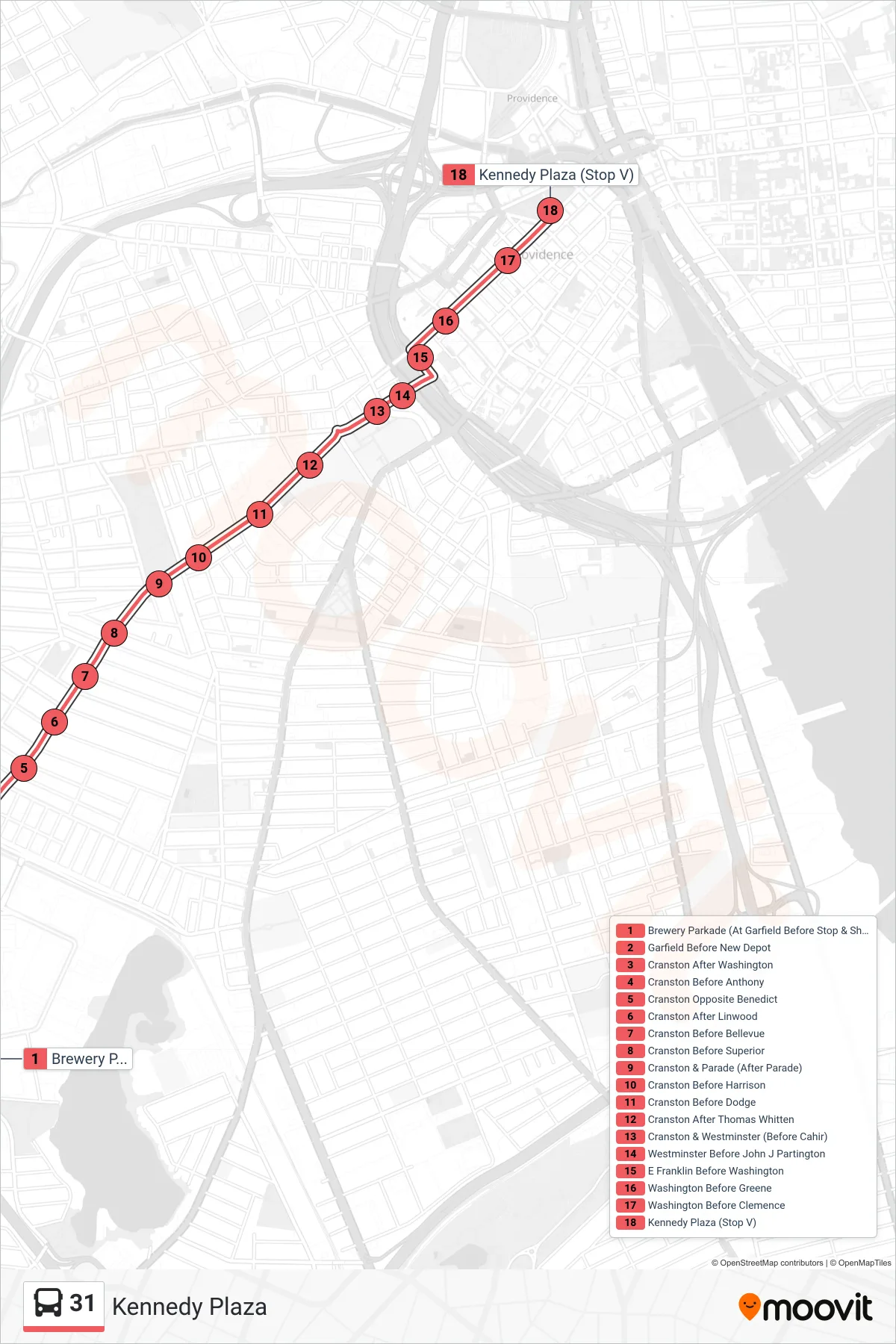31 bus Line (Kennedy Plaza) route and stops on a map