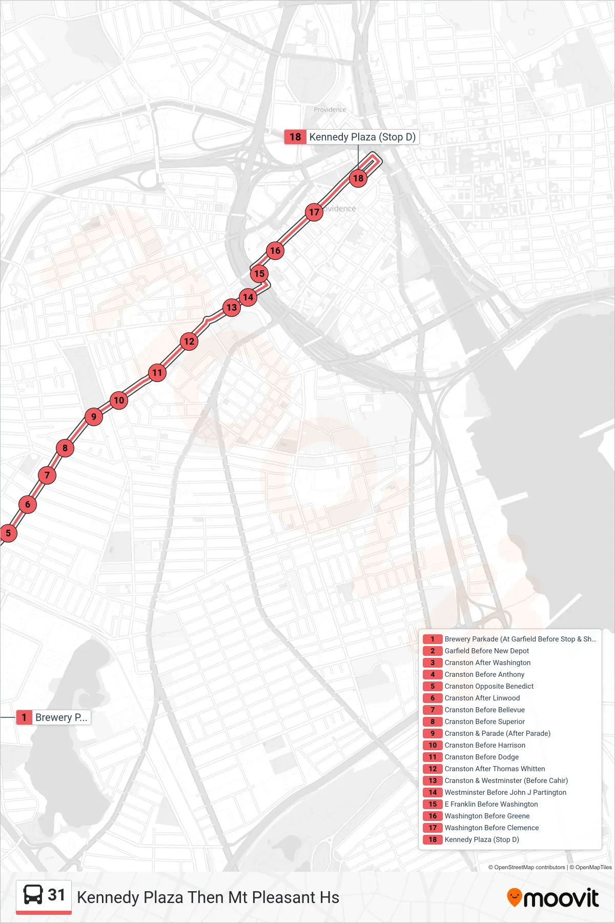 31 bus Line (Kennedy Plaza Then Mt Pleasant Hs) route and stops on a map