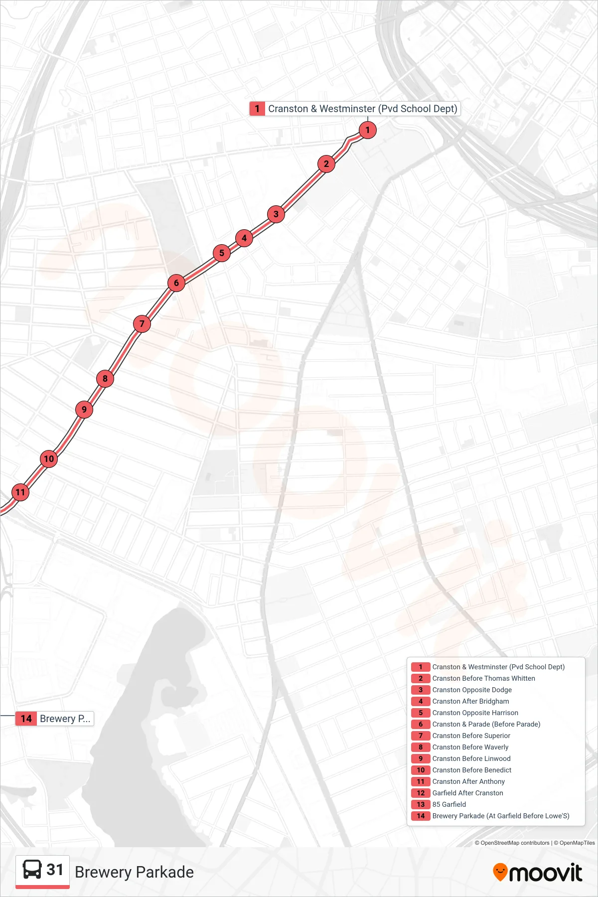 31 bus Line (Brewery Parkade) route and stops on a map