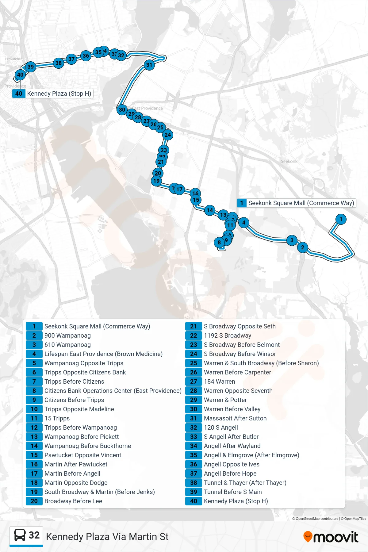 32 bus Line (Kennedy Plaza Via Martin St) route and stops on a map