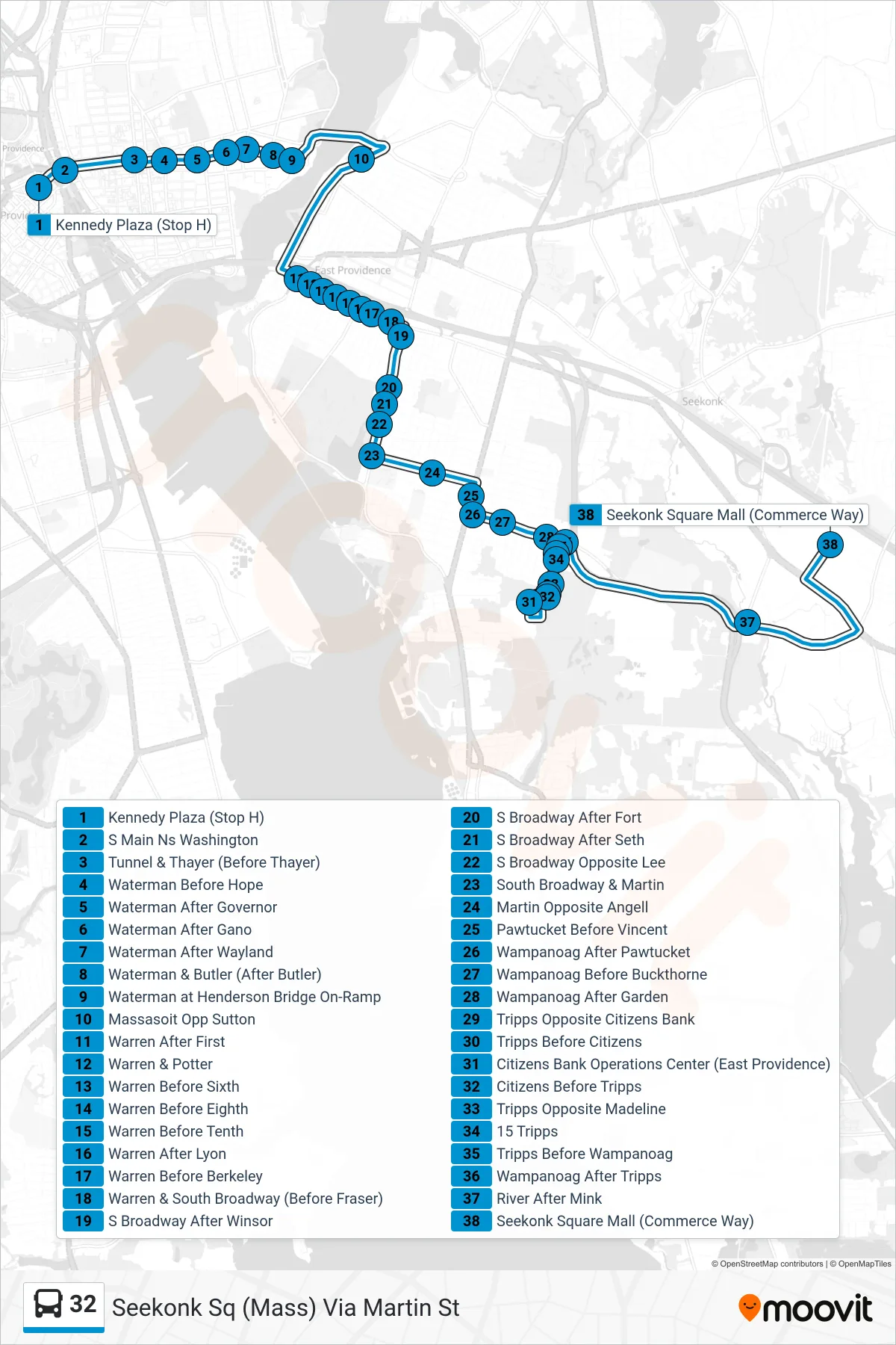 32 bus Line (Seekonk Sq (Mass) Via Martin St) route and stops on a map