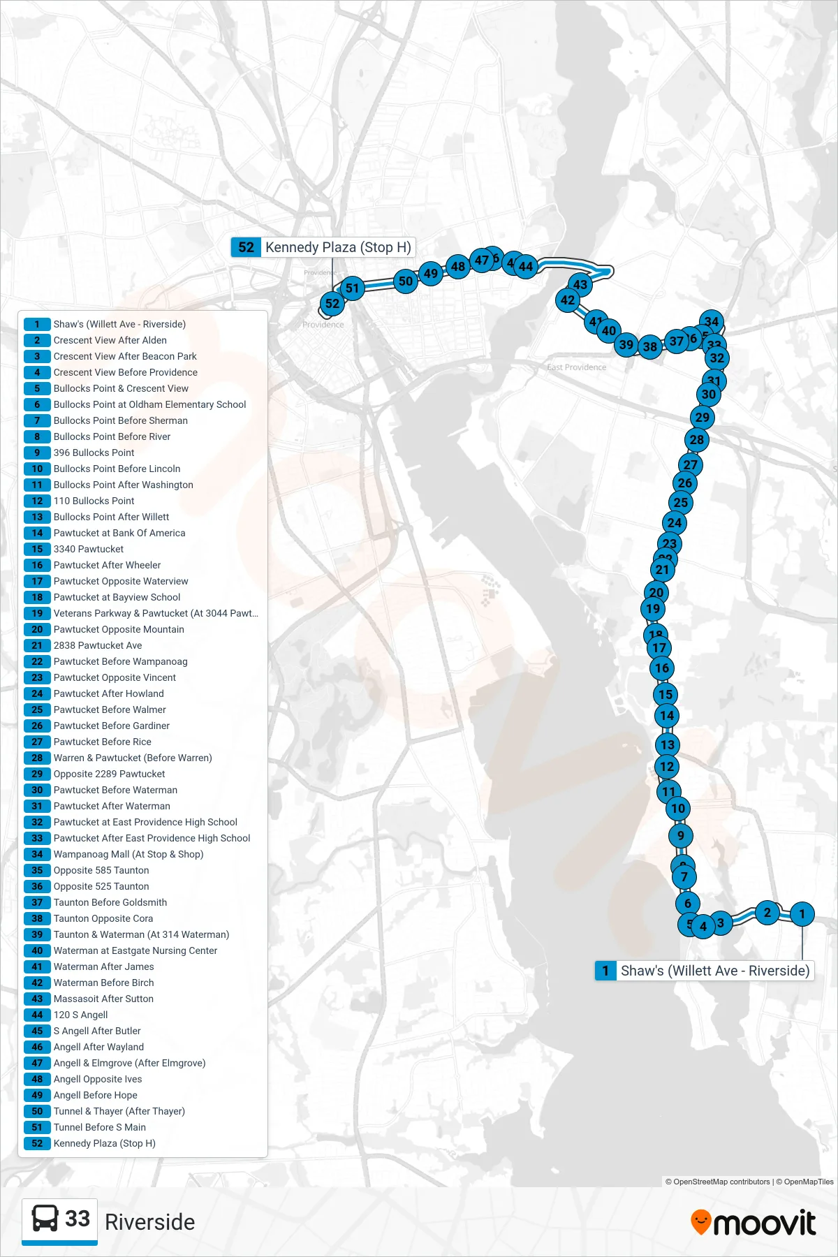 33 bus Line (Kennedy Plaza) route and stops on a map