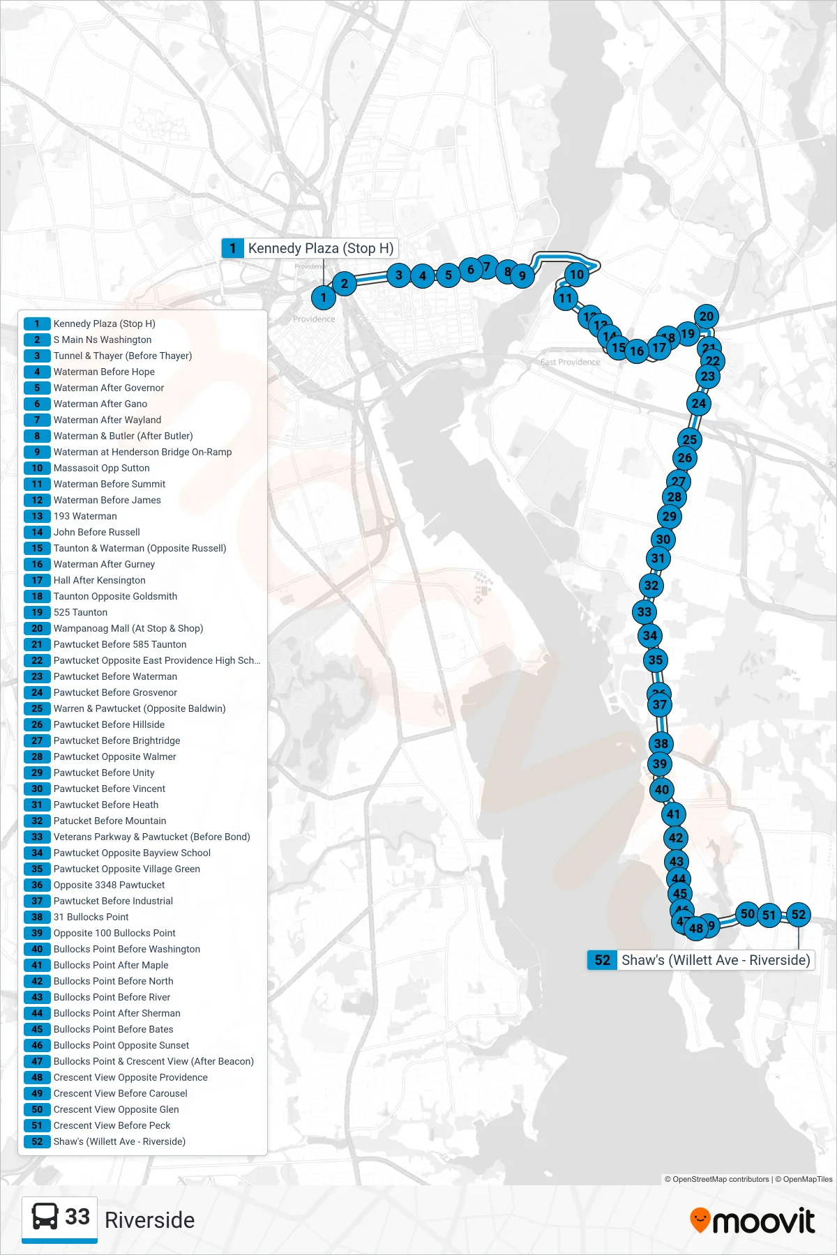 33 bus Line (Shaw's (Riverside)) route and stops on a map