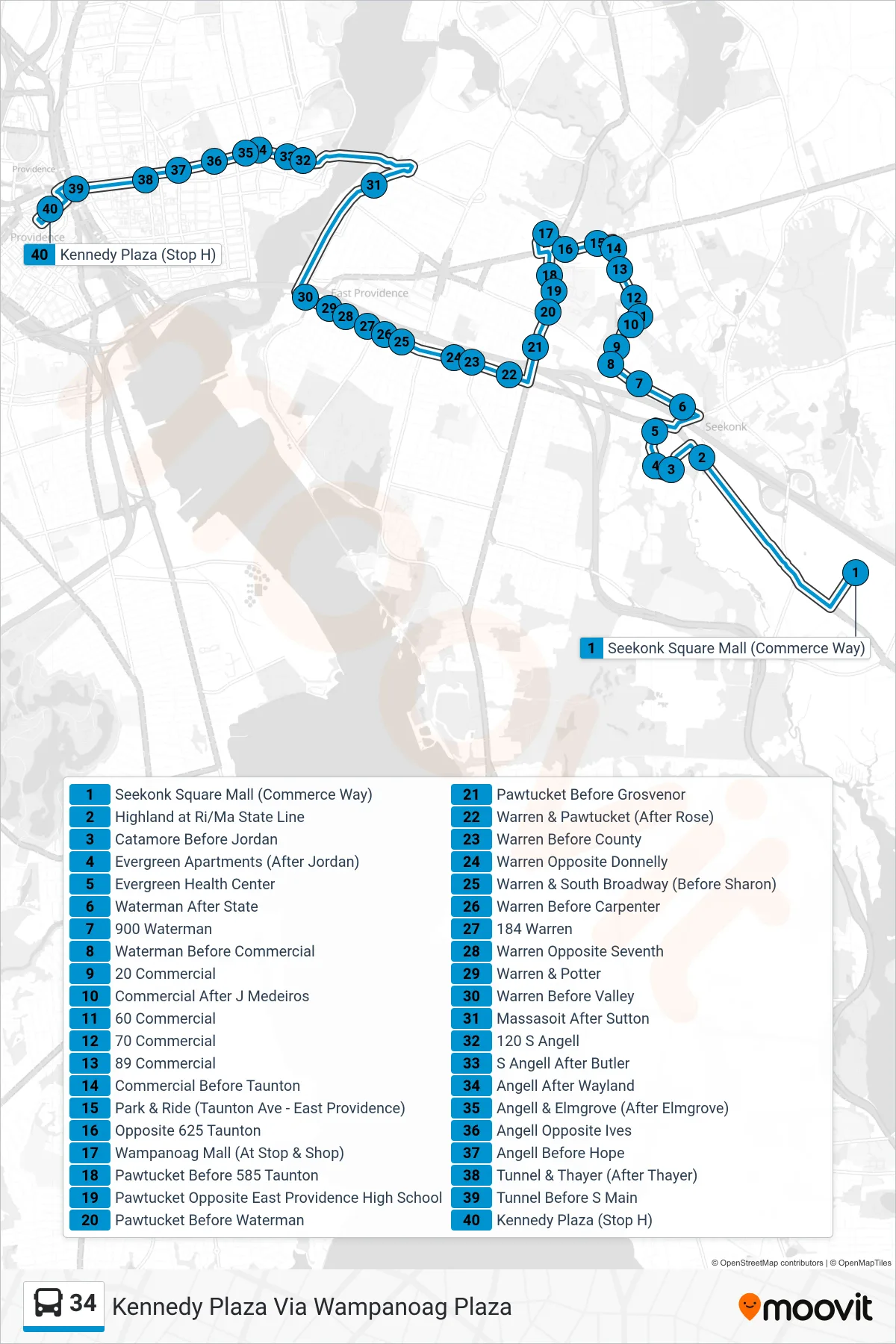 34 bus Line (Kennedy Plaza Via Wampanoag Plaza) route and stops on a map