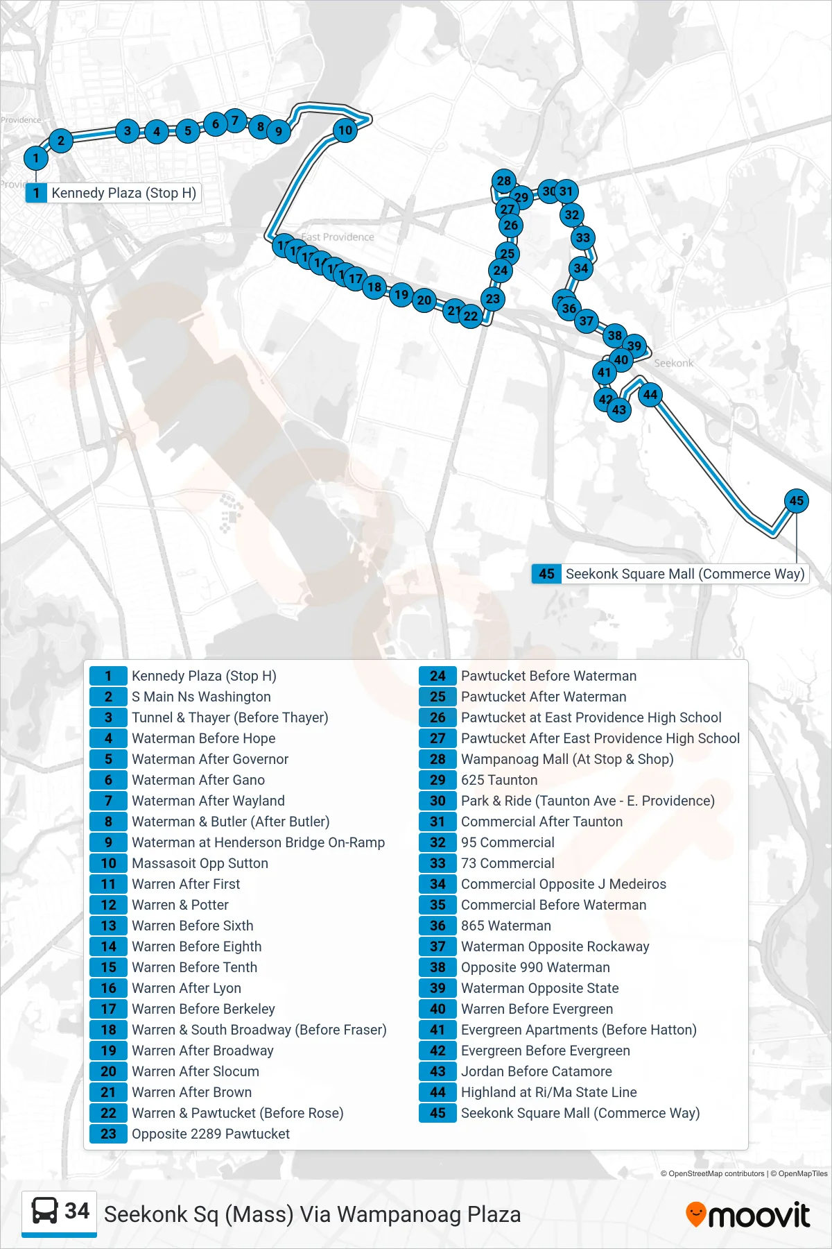 34 bus Line (Seekonk Sq (Mass) Via Wampanoag Plaza) route and stops on a map
