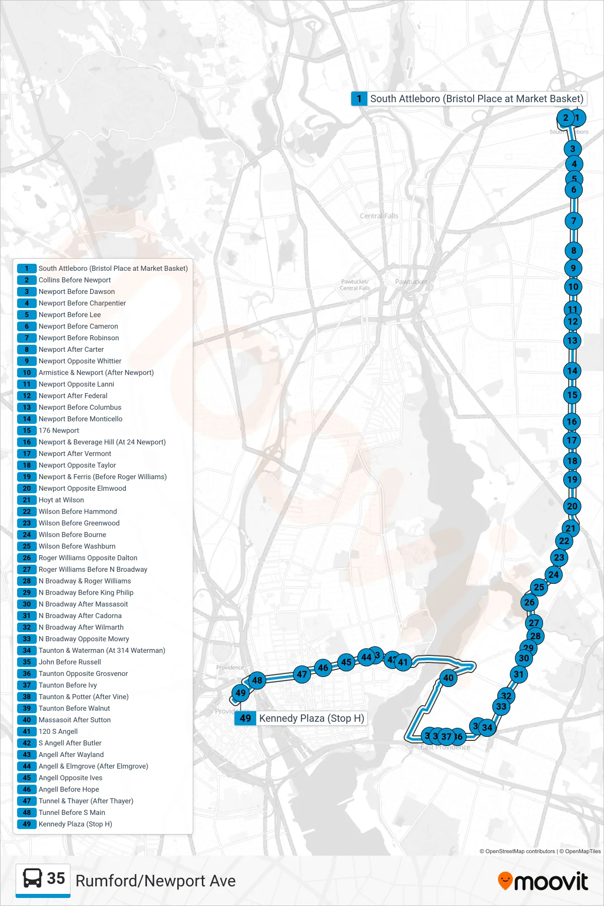 35 bus Line (Kennedy Plaza) route and stops on a map