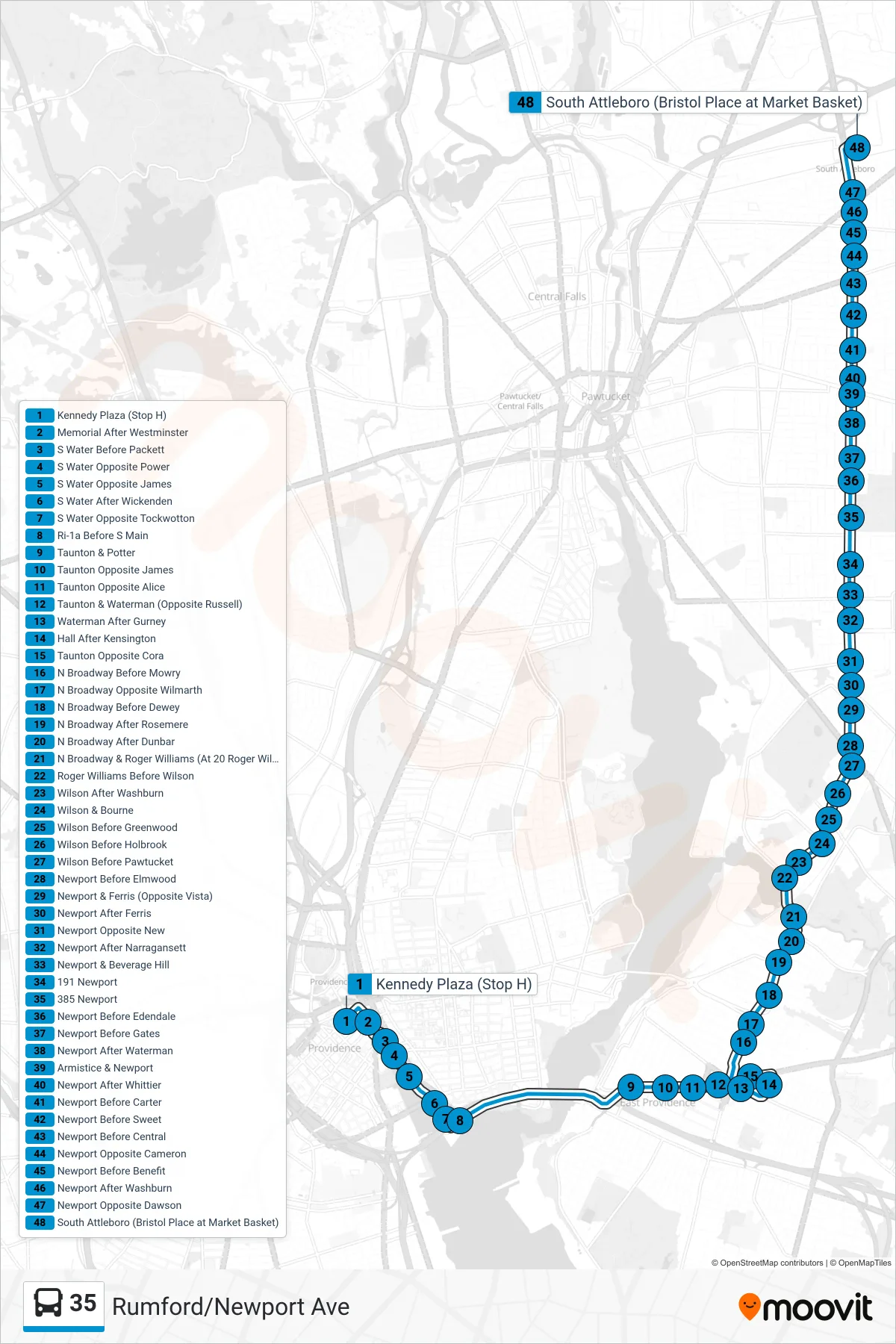 35 bus Line (South Attleboro Station Via Newport Ave) route and stops on a map