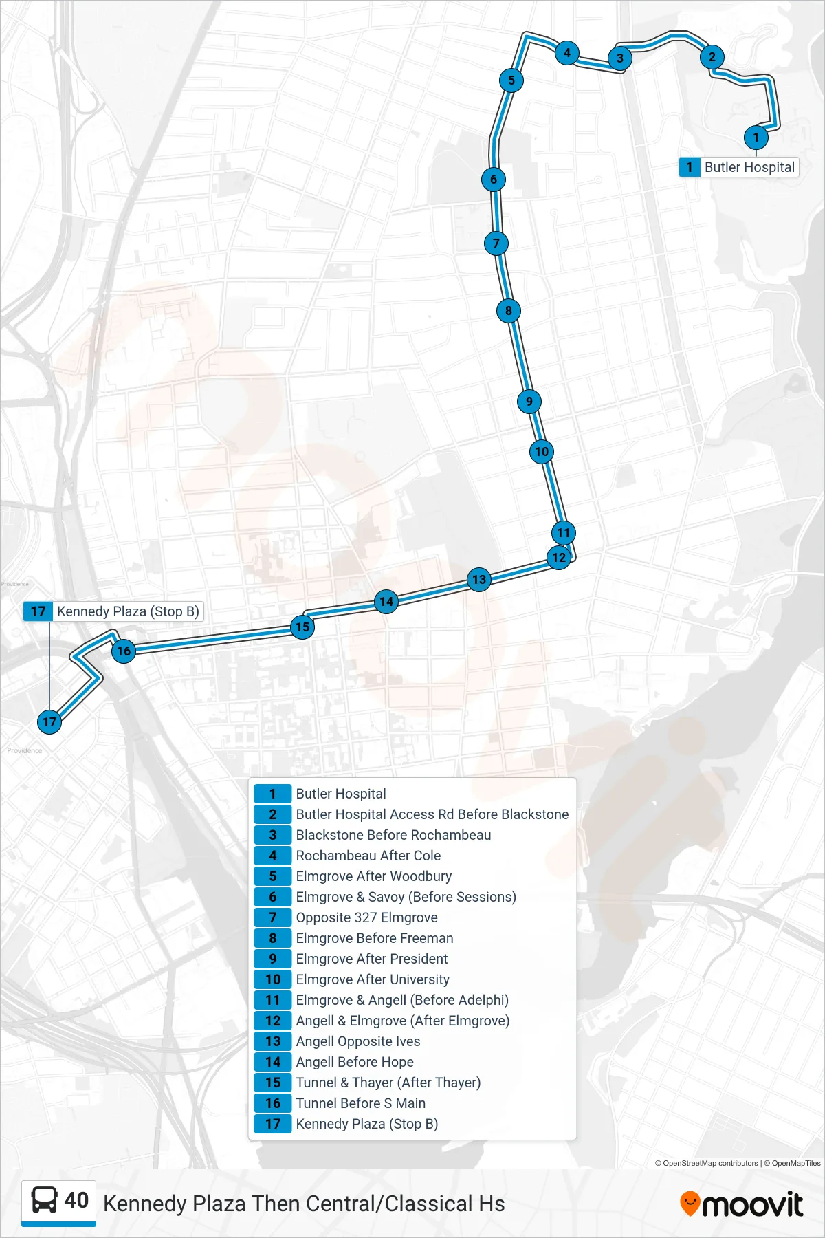 40 bus Line (Kennedy Plaza Then Central/Classical Hs) route and stops on a map