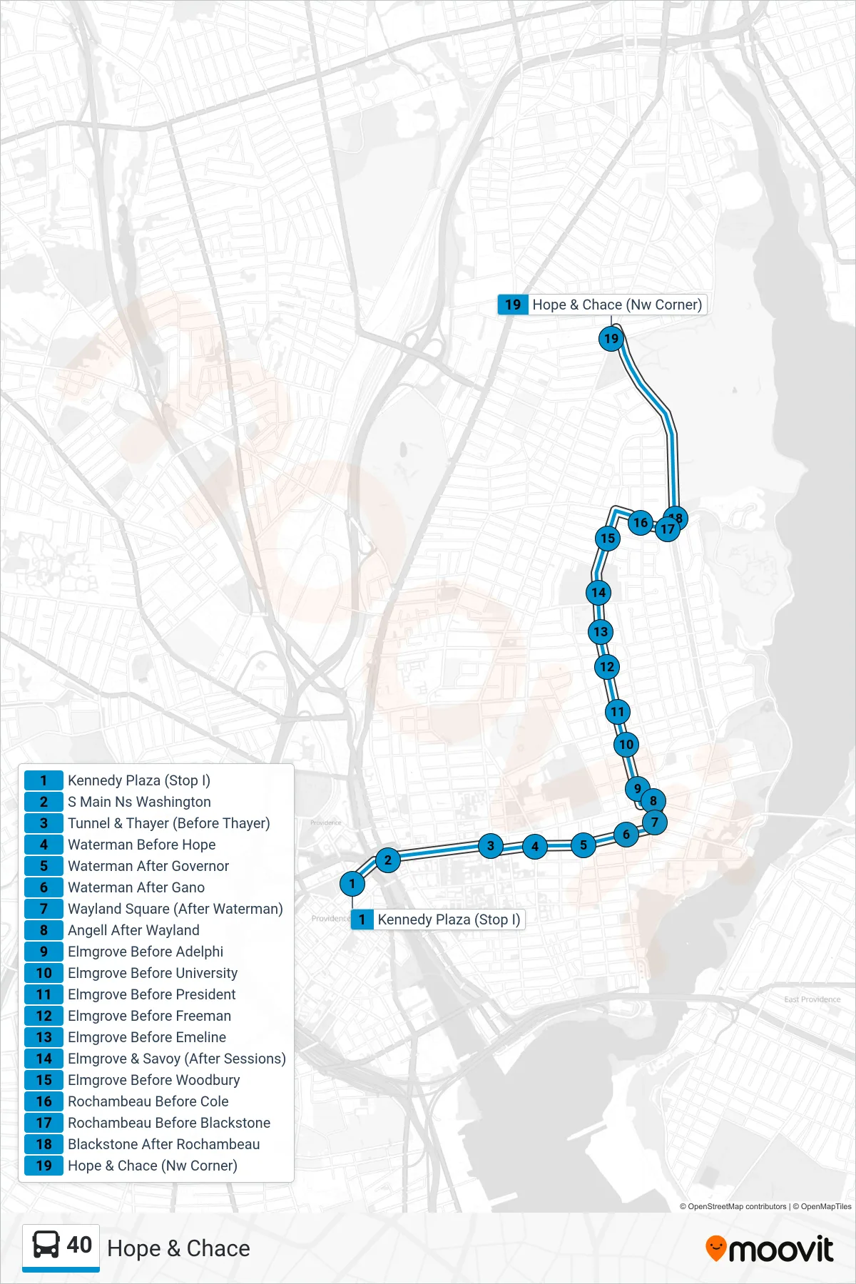 40 bus Line (Hope & Chace) route and stops on a map