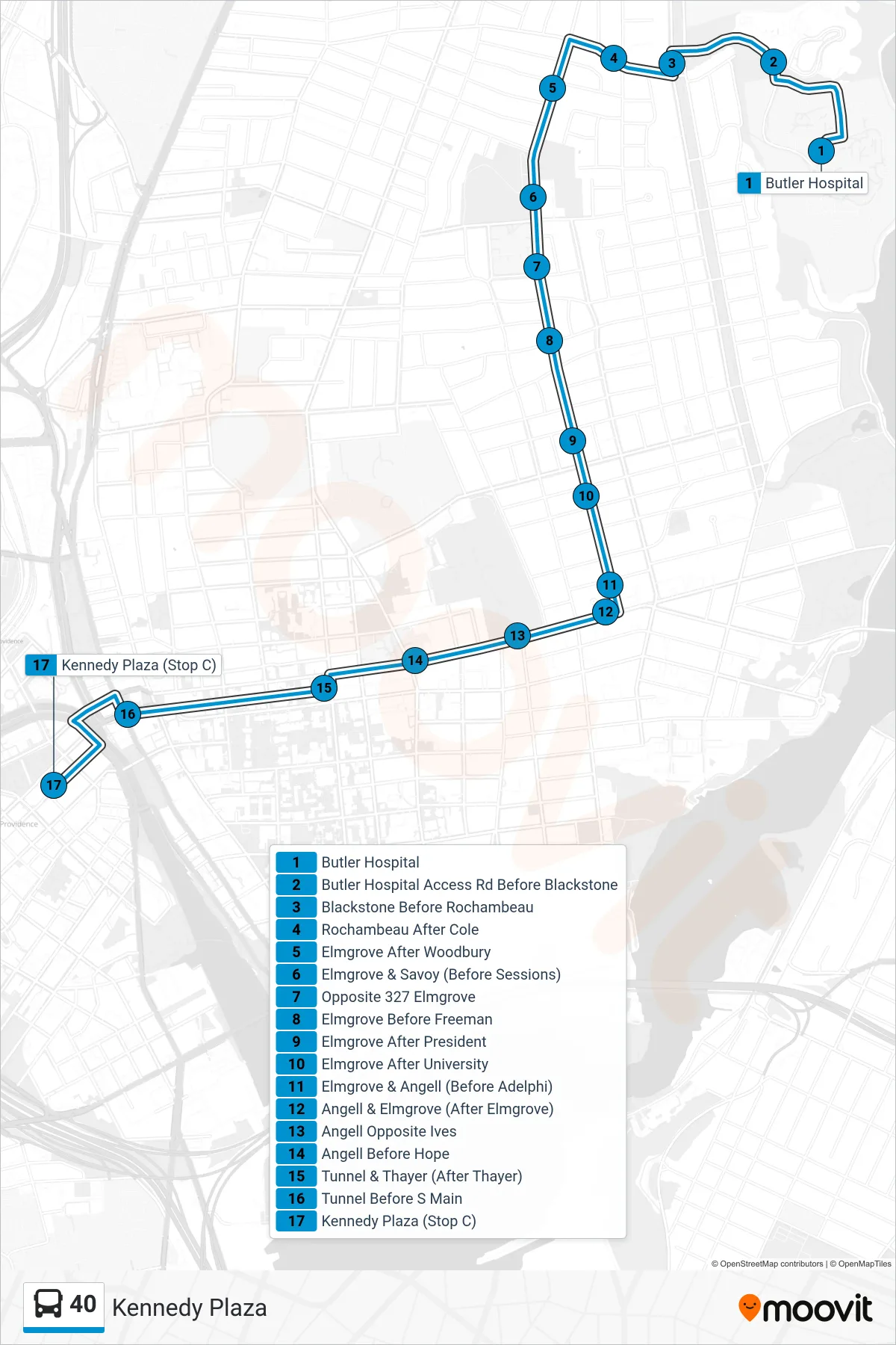 40 bus Line (Kennedy Plaza) route and stops on a map