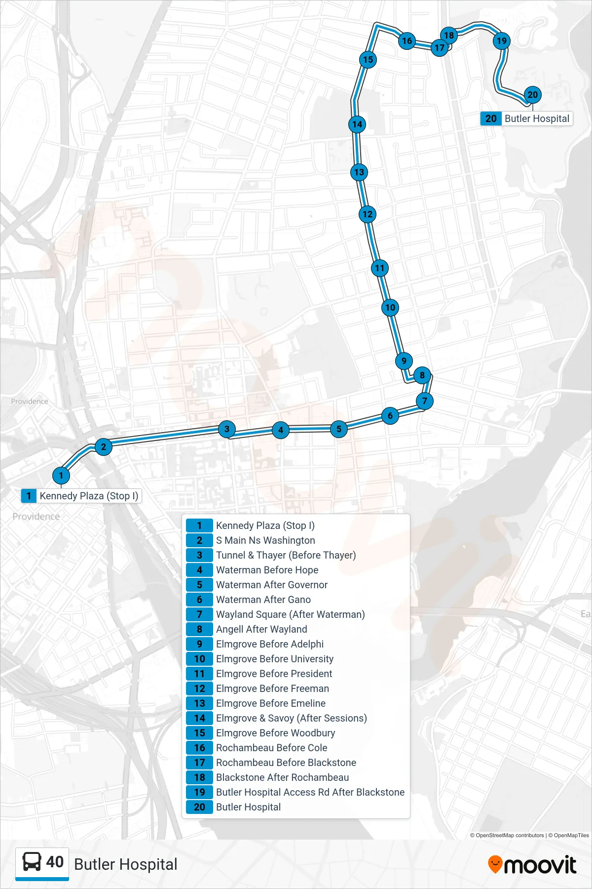 40 bus Line (Butler Hospital) route and stops on a map