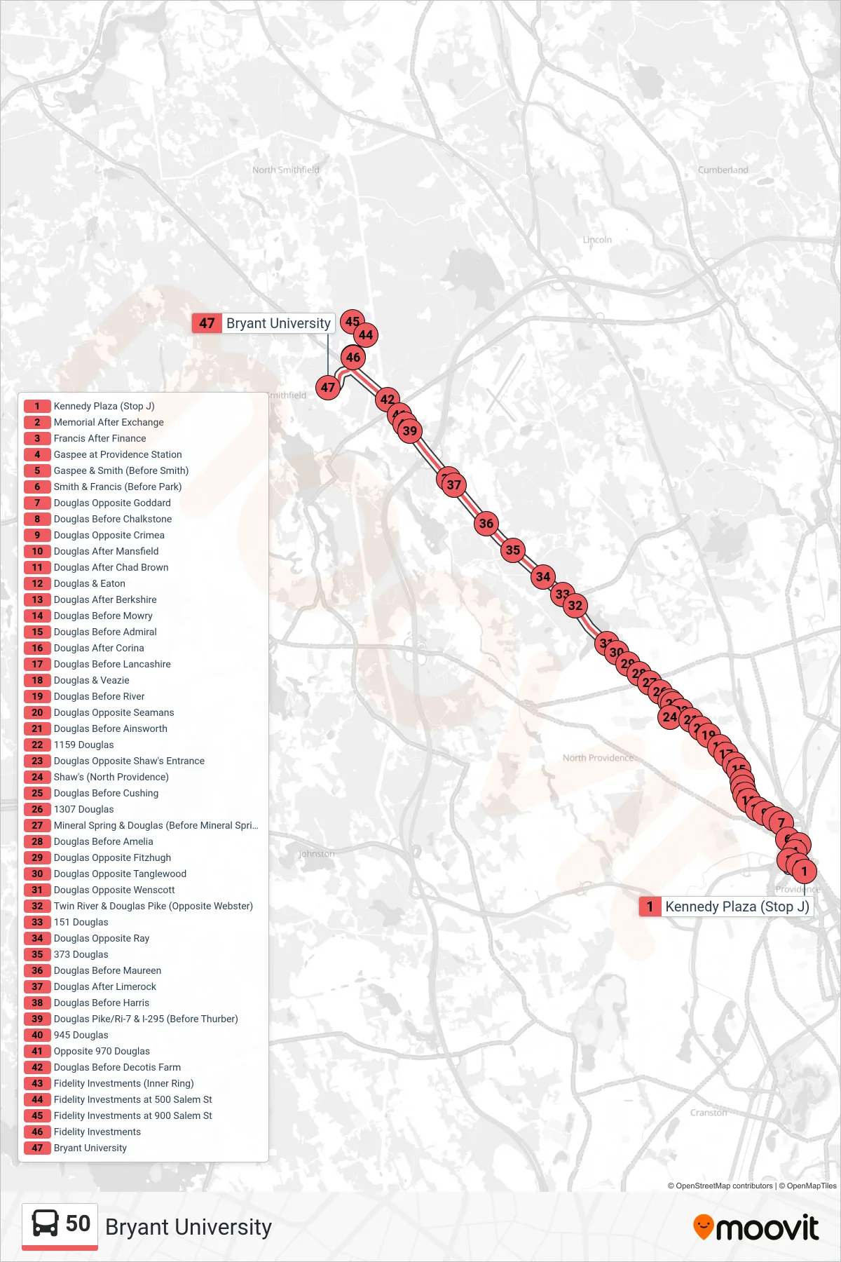 50 bus Line (Bryant University) route and stops on a map