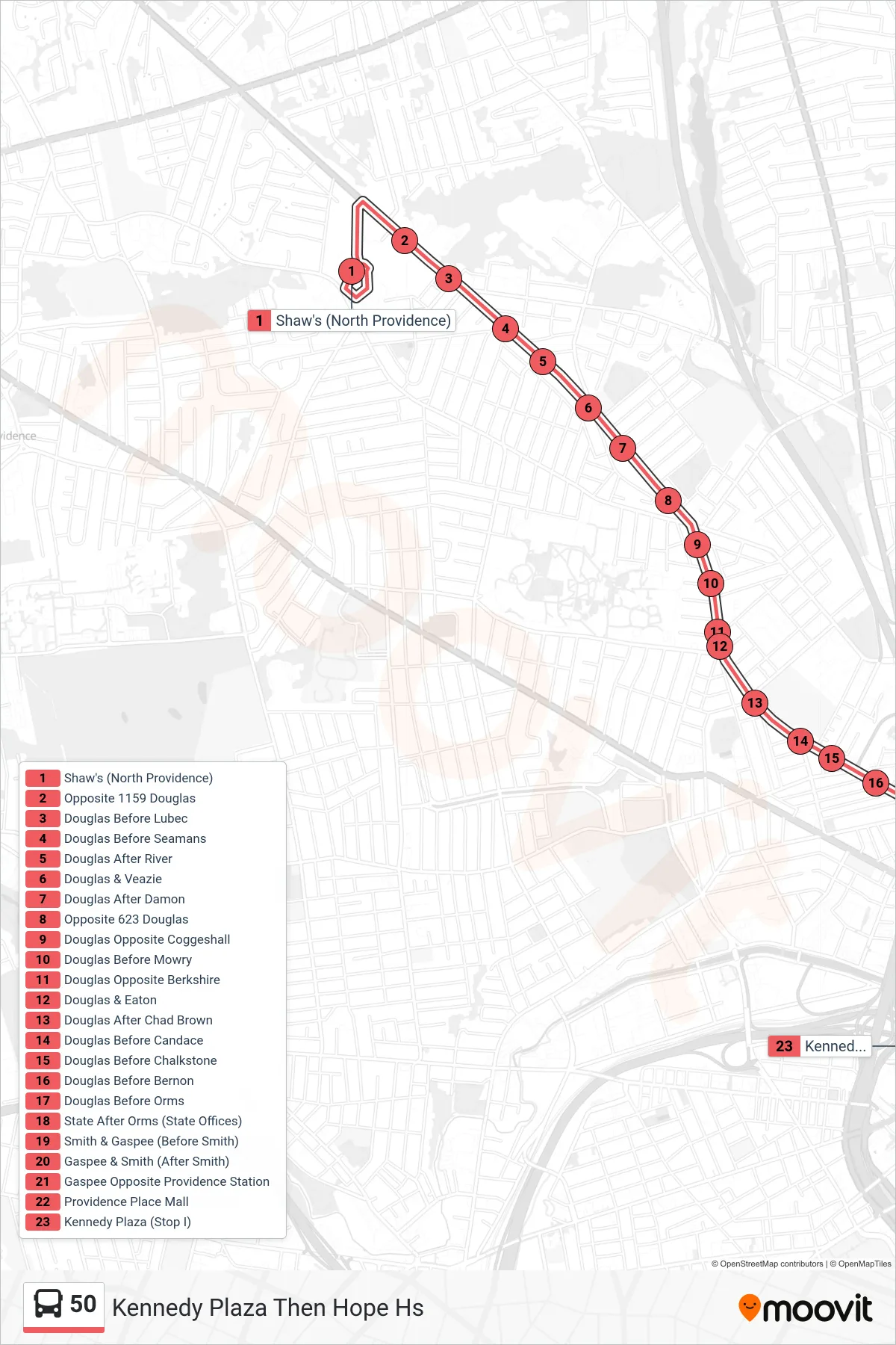 50 bus Line (Kennedy Plaza Then Hope Hs) route and stops on a map