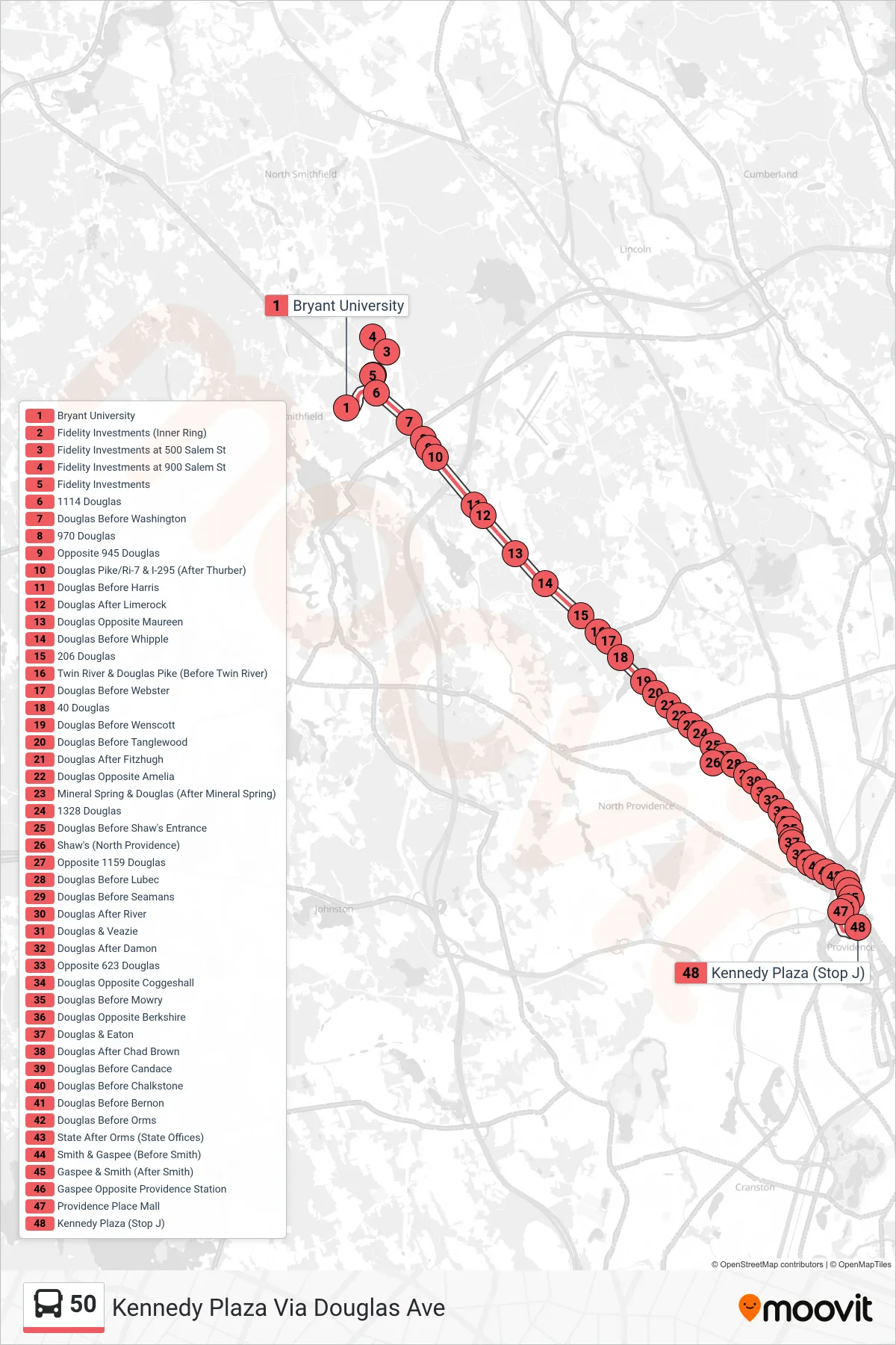 50 bus Line (Kennedy Plaza Via Douglas Ave) route and stops on a map