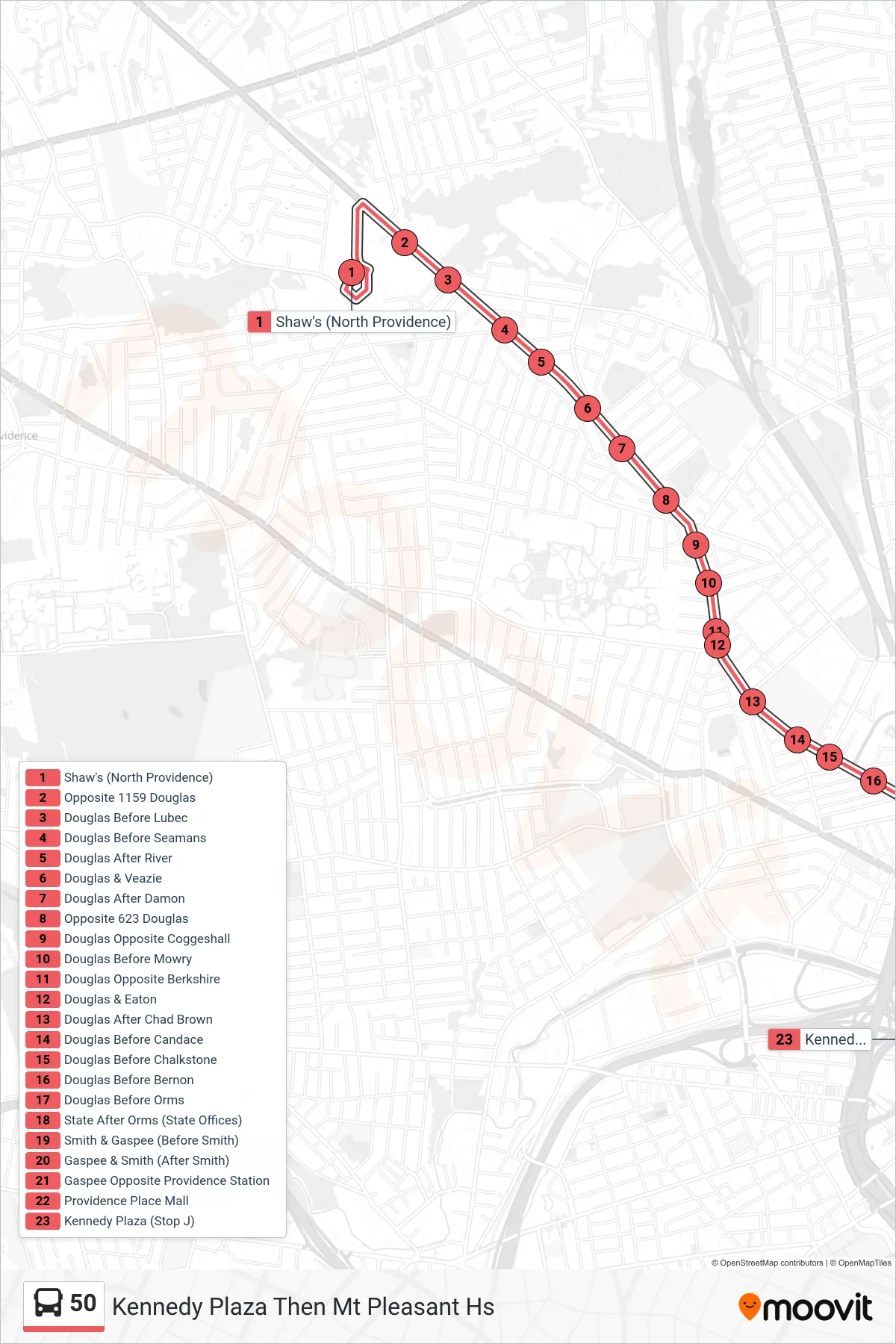 50 bus Line (Kennedy Plaza Then Mt Pleasant Hs) route and stops on a map