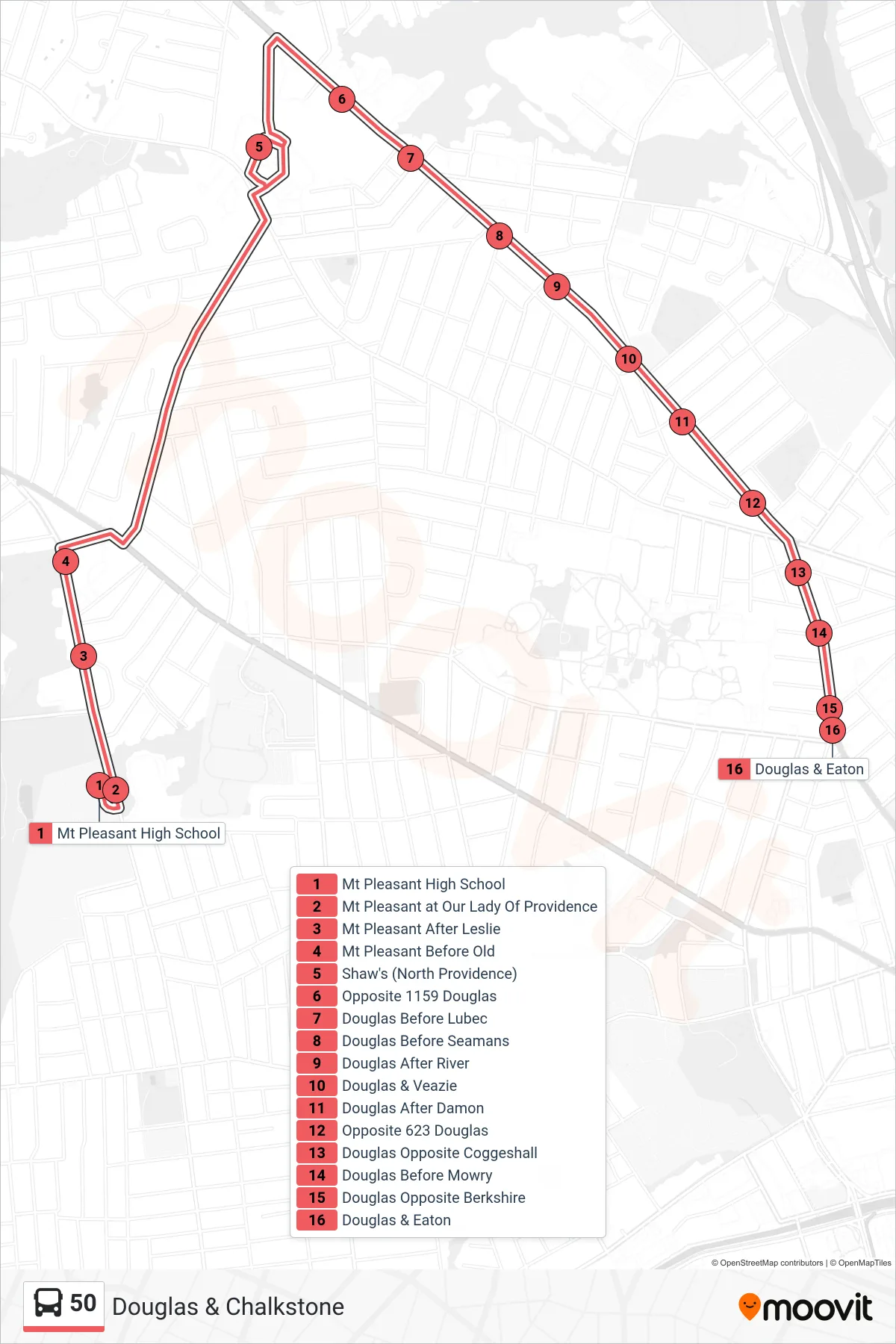 50 bus Line (Douglas & Chalkstone) route and stops on a map