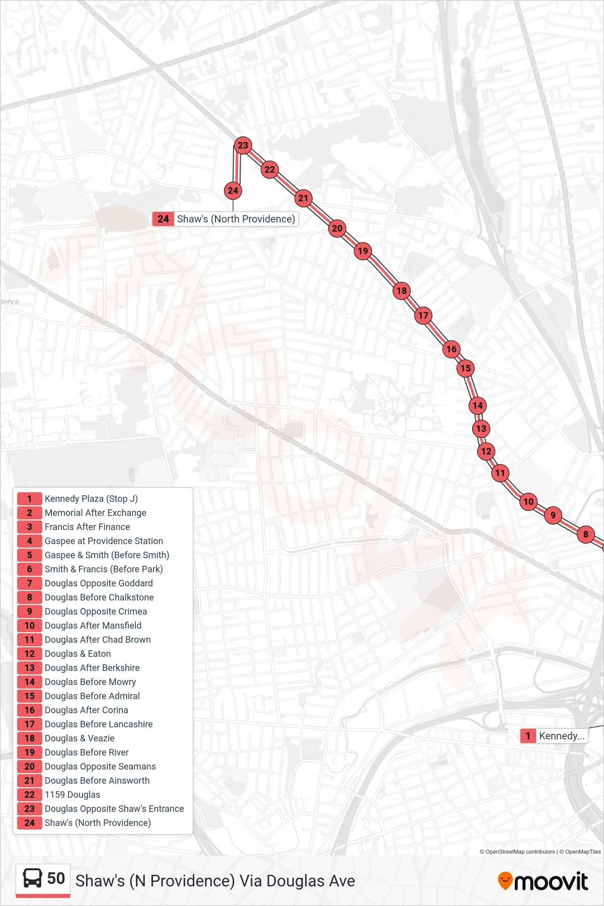 50 bus Line (Shaw's (N Providence) Via Douglas Ave) route and stops on a map