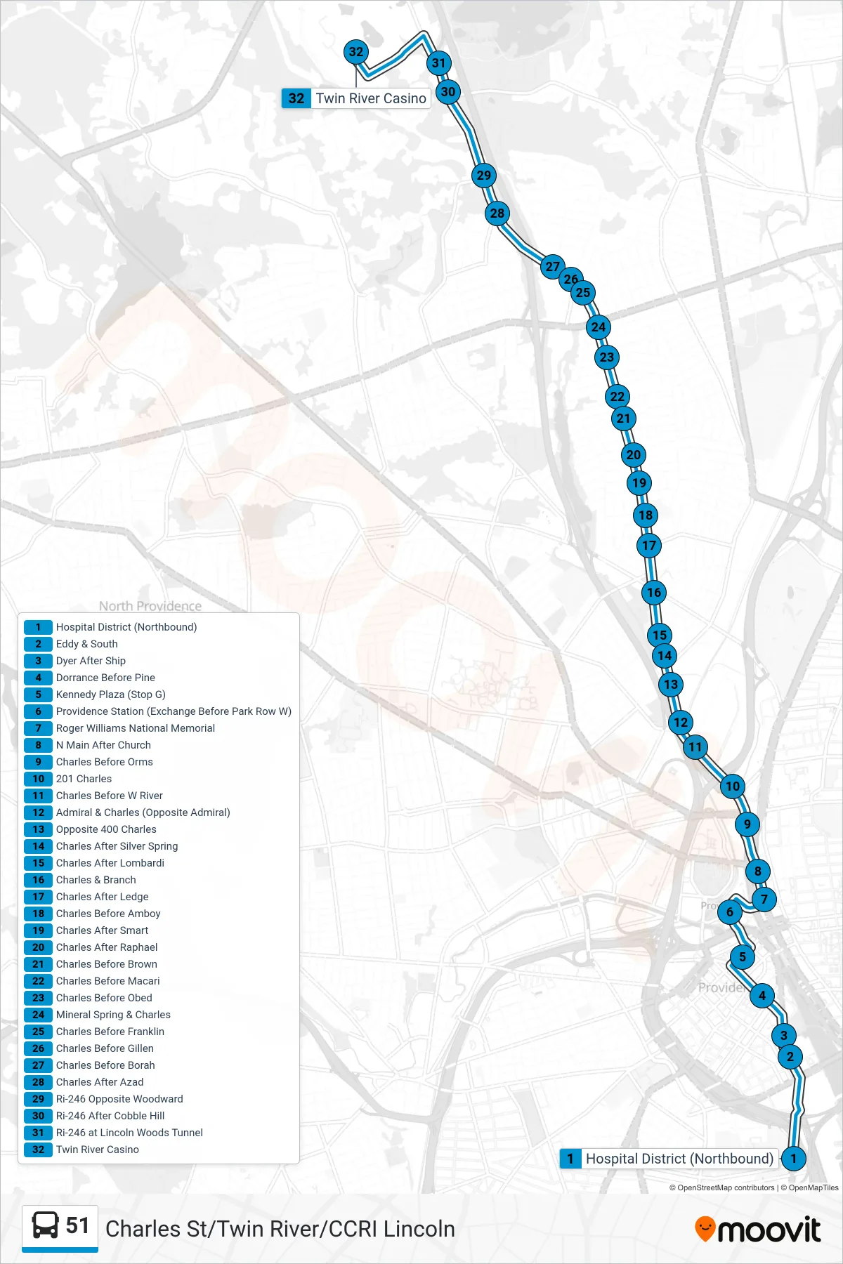 51 bus Line (Twin River Casino) route and stops on a map