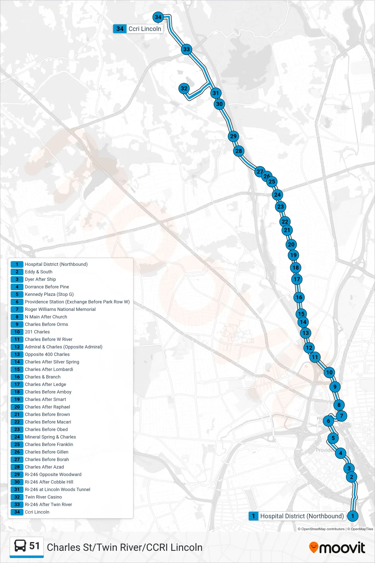 51 bus Line (Ccri Lincoln) route and stops on a map