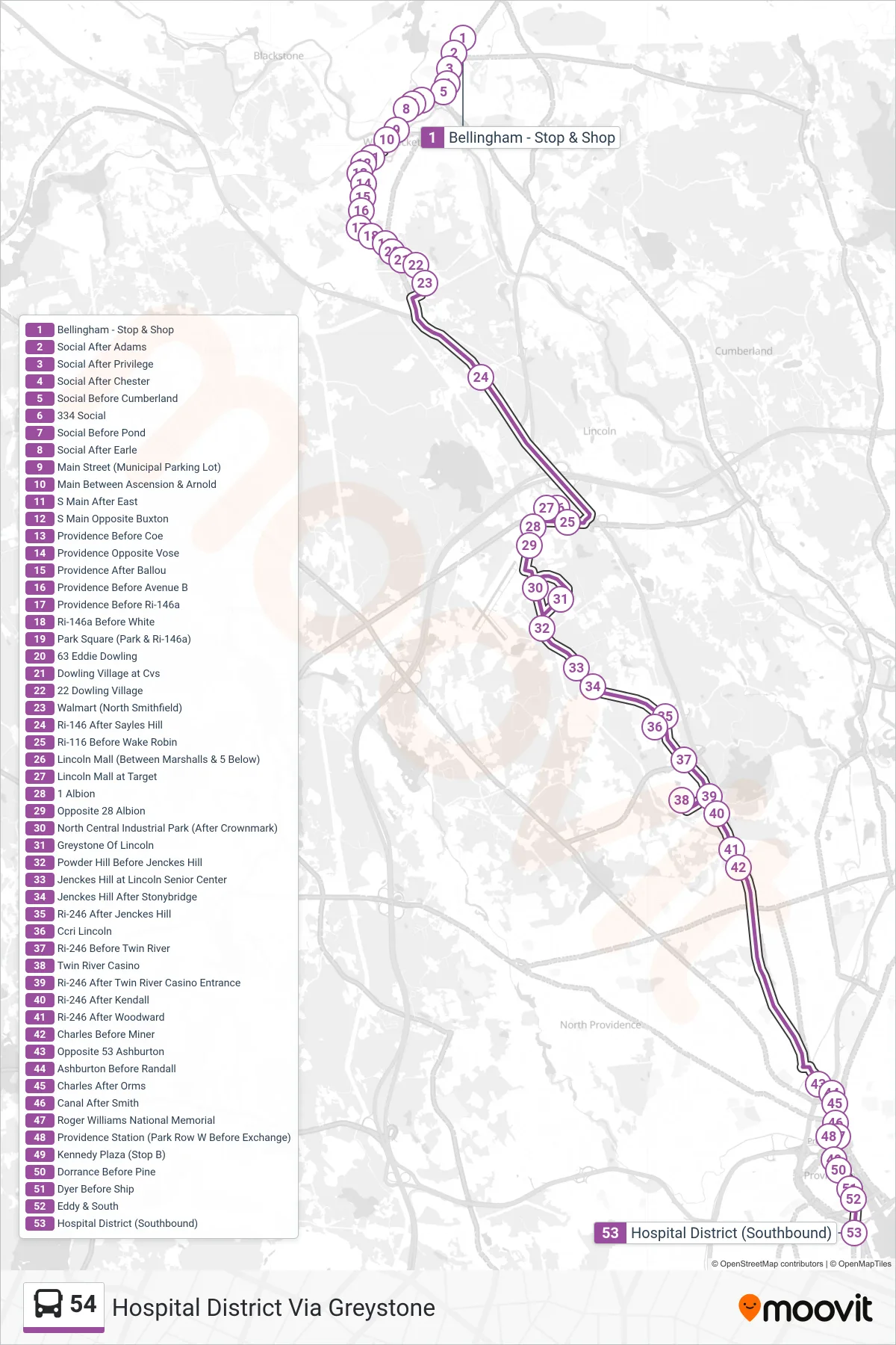 54 bus Line (Hospital District Via Greystone) route and stops on a map