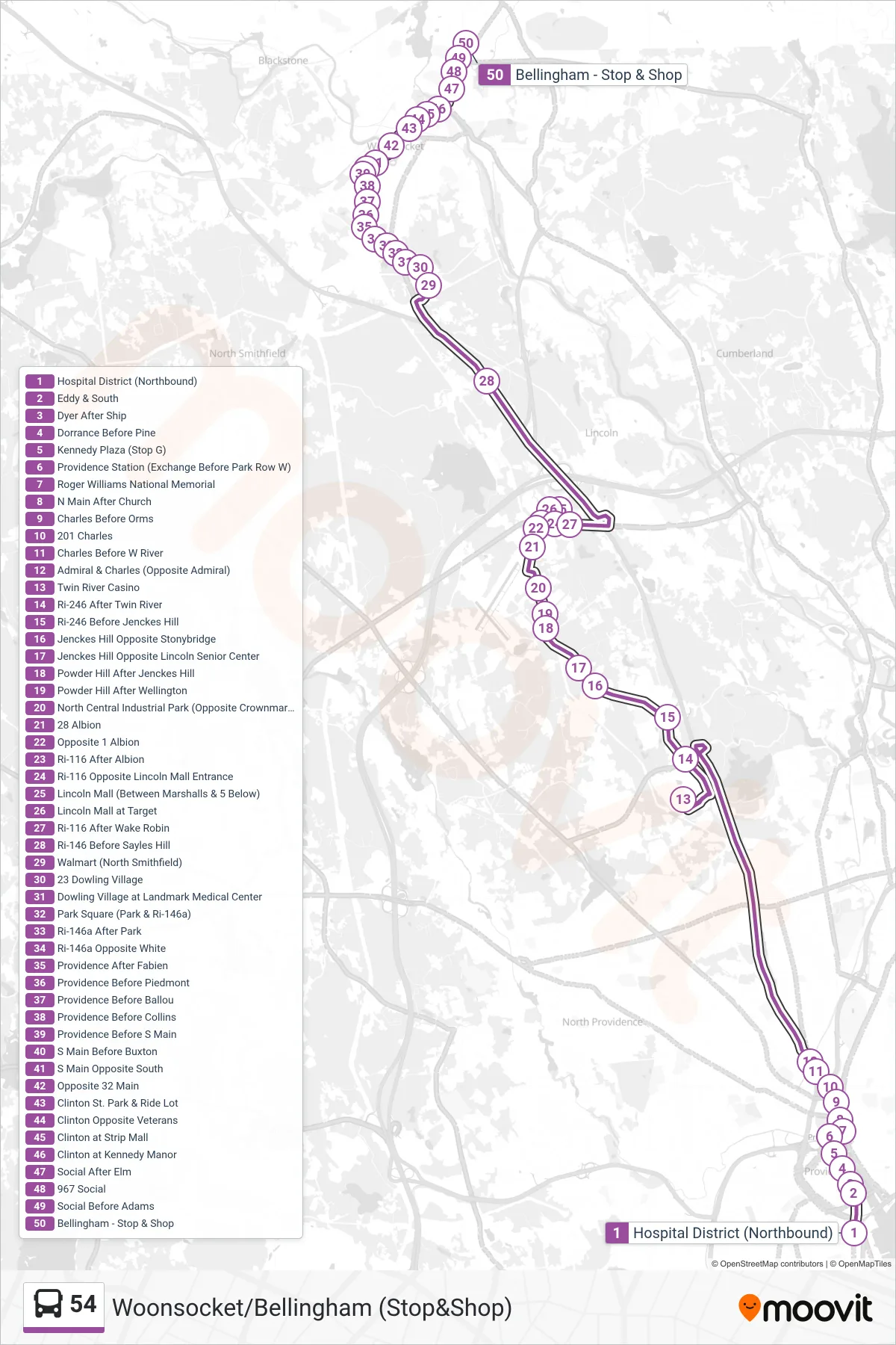 54 bus Line (Woonsocket/Bellingham (Stop&Shop)) route and stops on a map