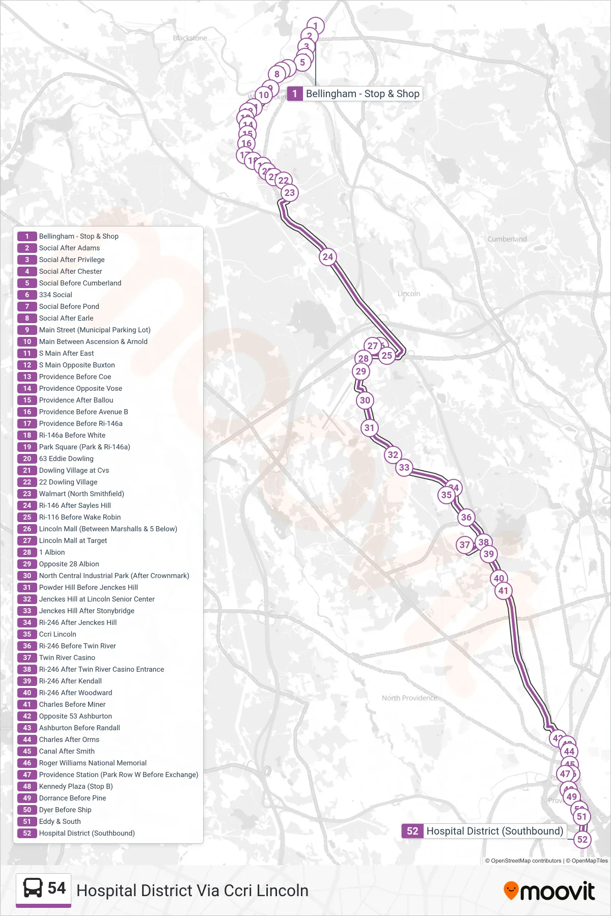54 bus Line (Hospital District Via Ccri Lincoln) route and stops on a map