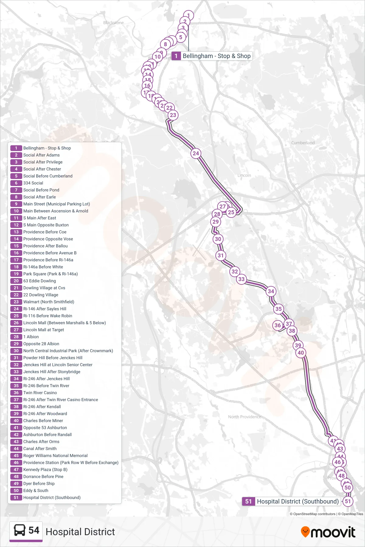 54 bus Line (Hospital District) route and stops on a map
