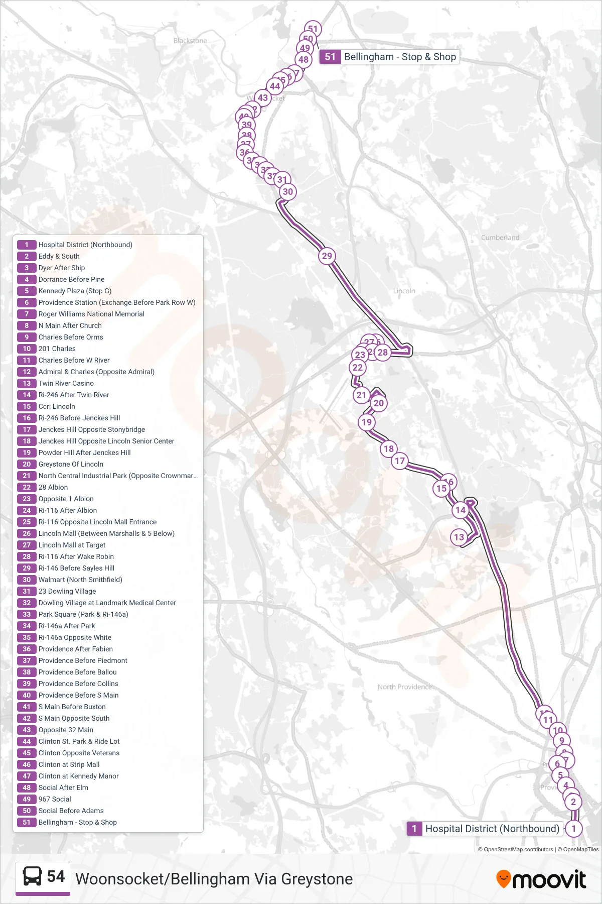 54 bus Line (Woonsocket/Bellingham Via Greystone) route and stops on a map