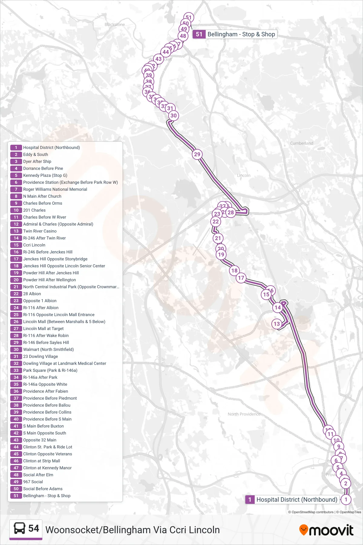54 bus Line (Woonsocket/Bellingham Via Ccri Lincoln) route and stops on a map
