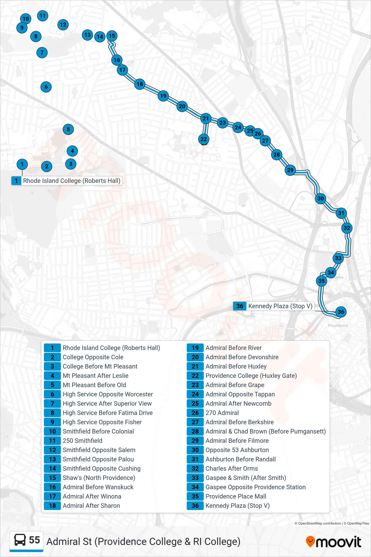 55 bus Line (Kennedy Plaza) route and stops on a map